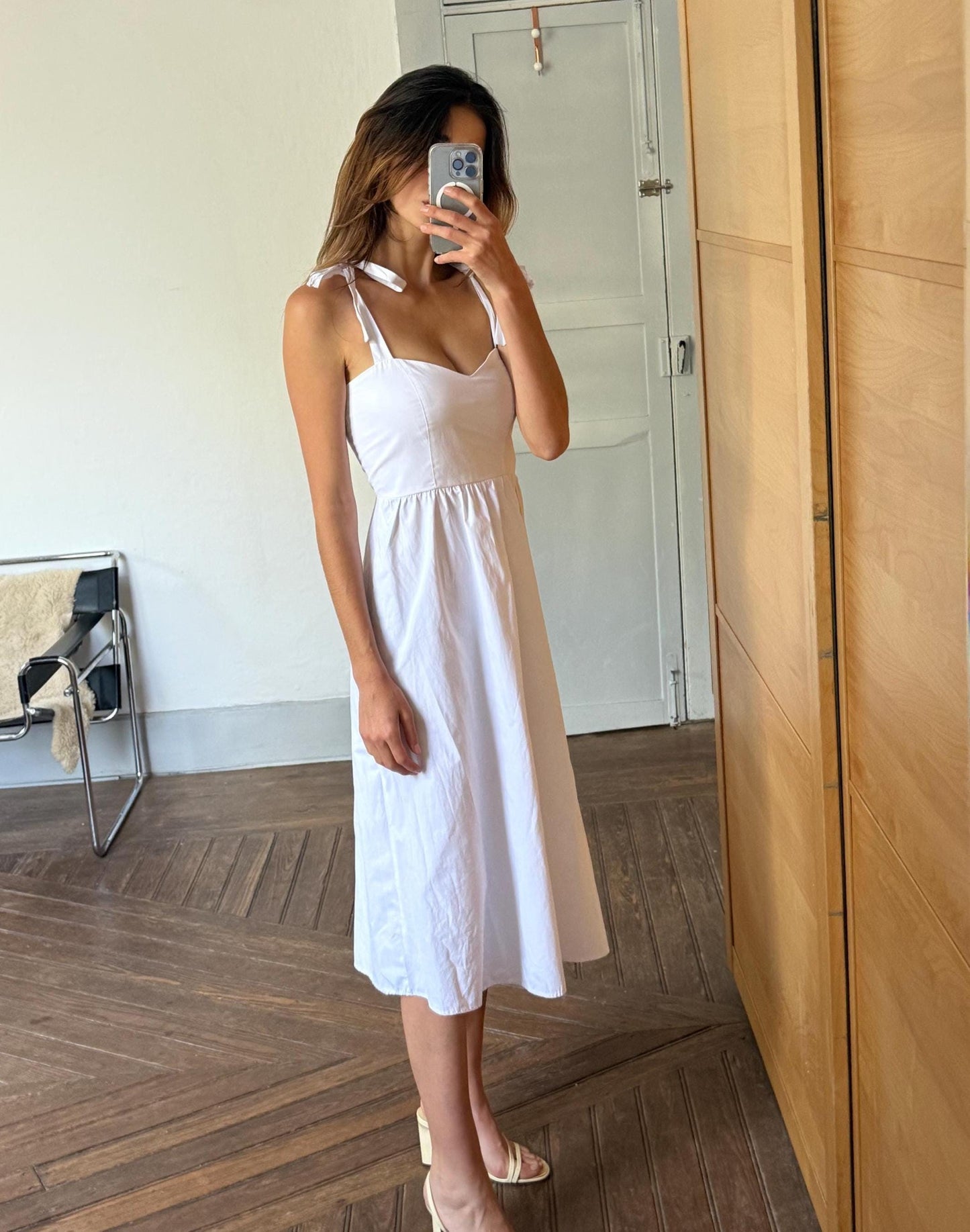 White summer dress, Minimalist romantic beach outfit, Cute strappy midi dress, Sustainable recycled maxi dress, Size S - M