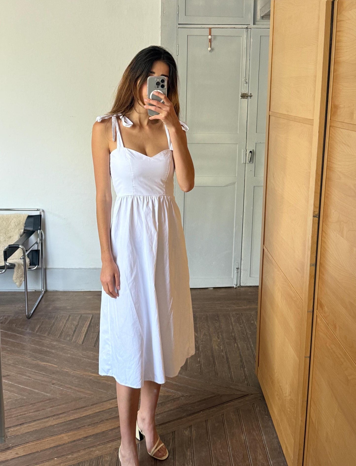 White summer dress, Minimalist romantic beach outfit, Cute strappy midi dress, Sustainable recycled maxi dress, Size S - M