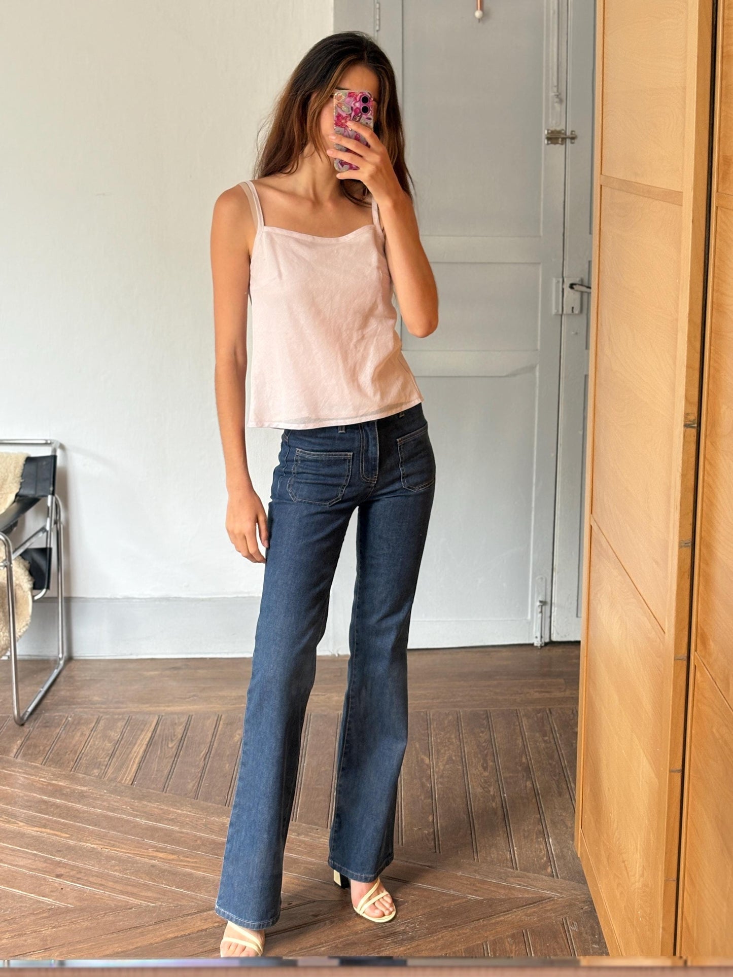 Vintage Pink Camisole Top by Benetton – Sheer Strappy Tank, Y2K Aesthetic, Minimalist Summer Blouse, Open Back Detail, Size S/M