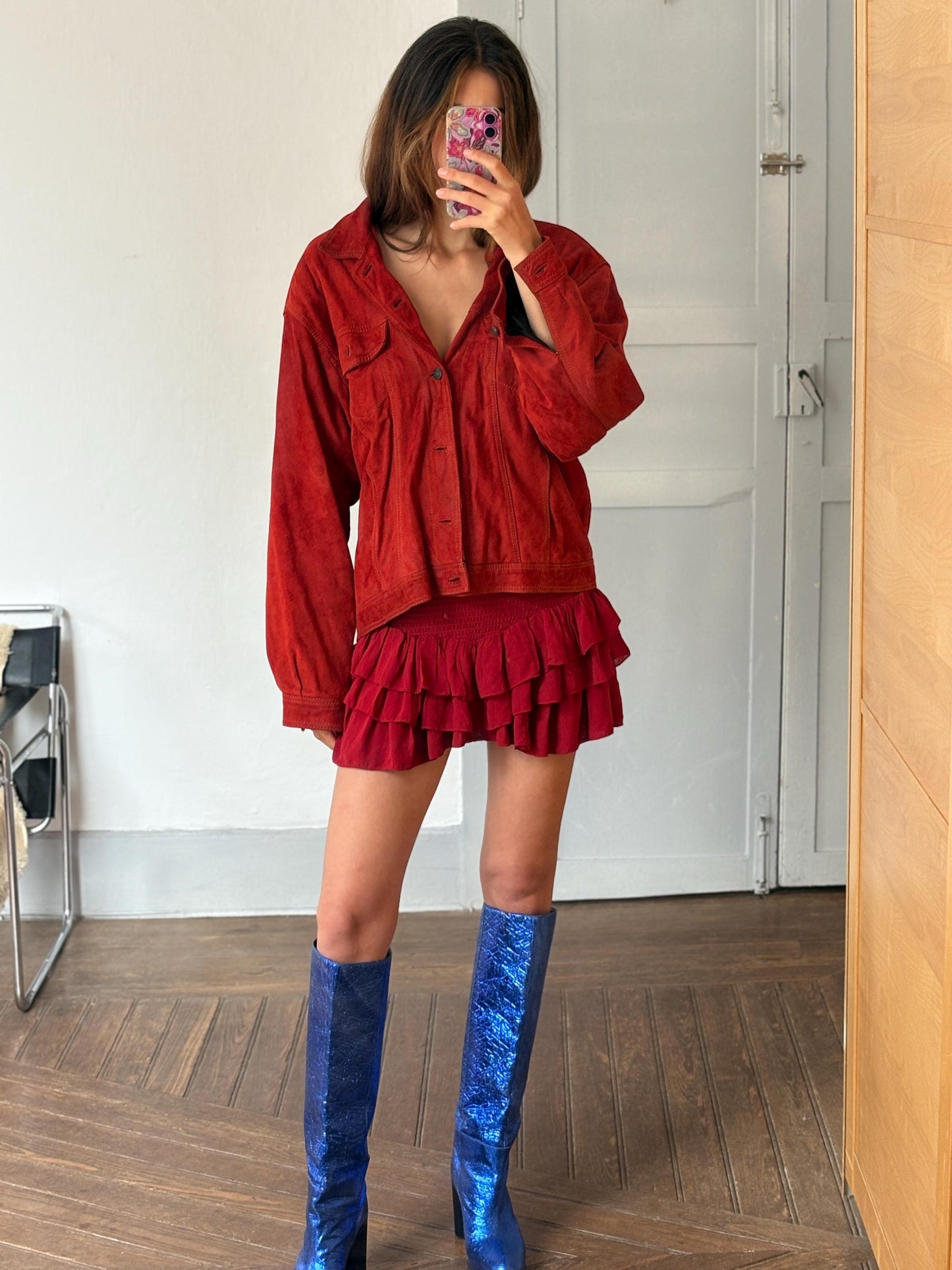 Vintage Red Suede Leather Jacket – 80s Oversized Eagle Force Coat | Genuine Suede Button Up Western Style