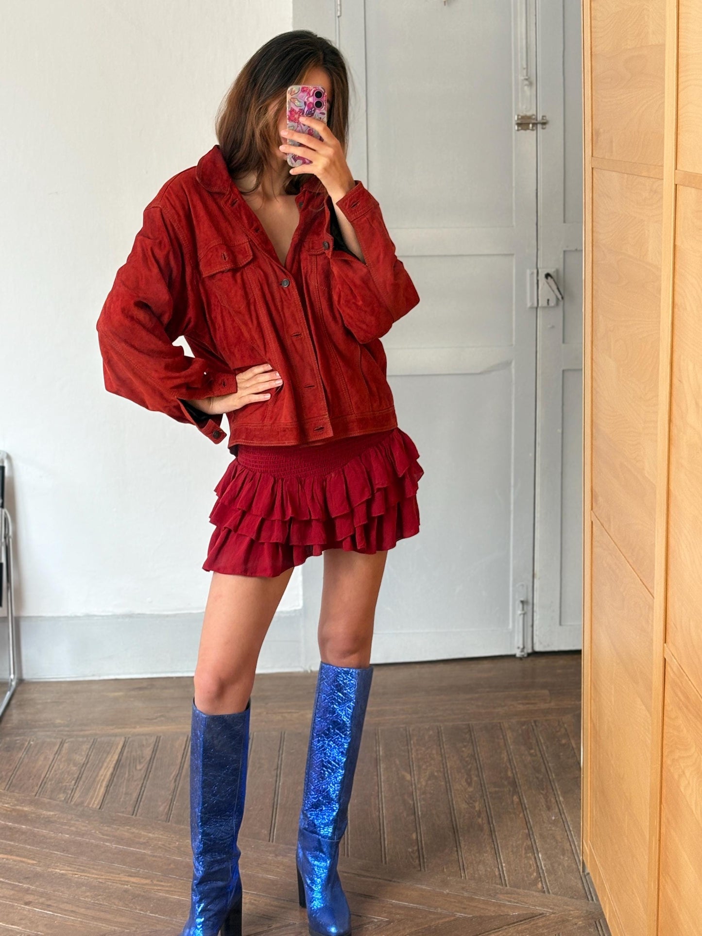 Vintage Red Suede Leather Jacket – 80s Oversized Eagle Force Coat | Genuine Suede Button Up Western Style