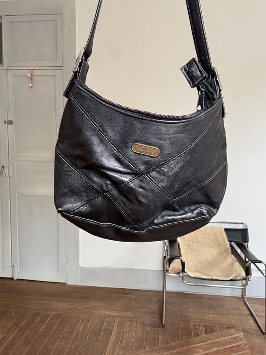 Vintage Adrians Black Leather Shoulder Bag – 2000s Y2K Small Hobo Purse, Adjustable Strap