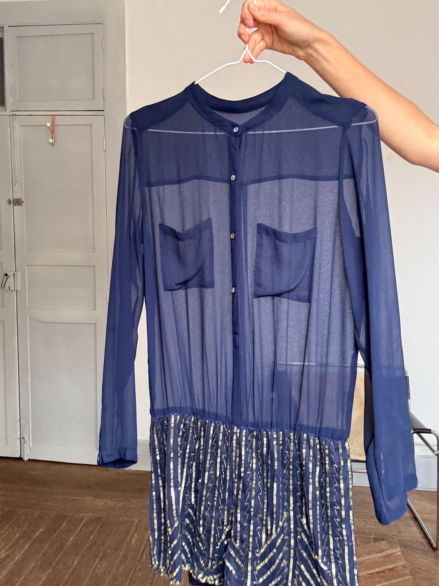 Sheer Navy Embellished Romper – Festive Sequin Playsuit, Size S