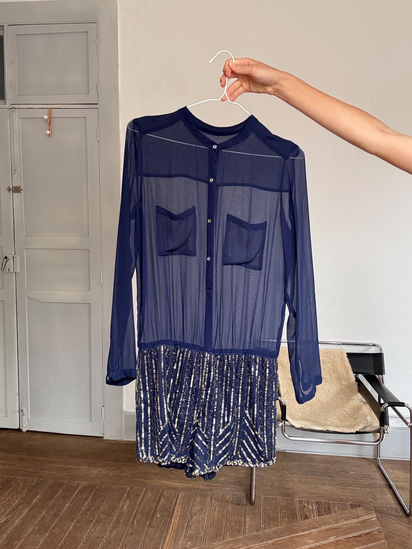 Sheer Navy Embellished Romper – Festive Sequin Playsuit, Size S