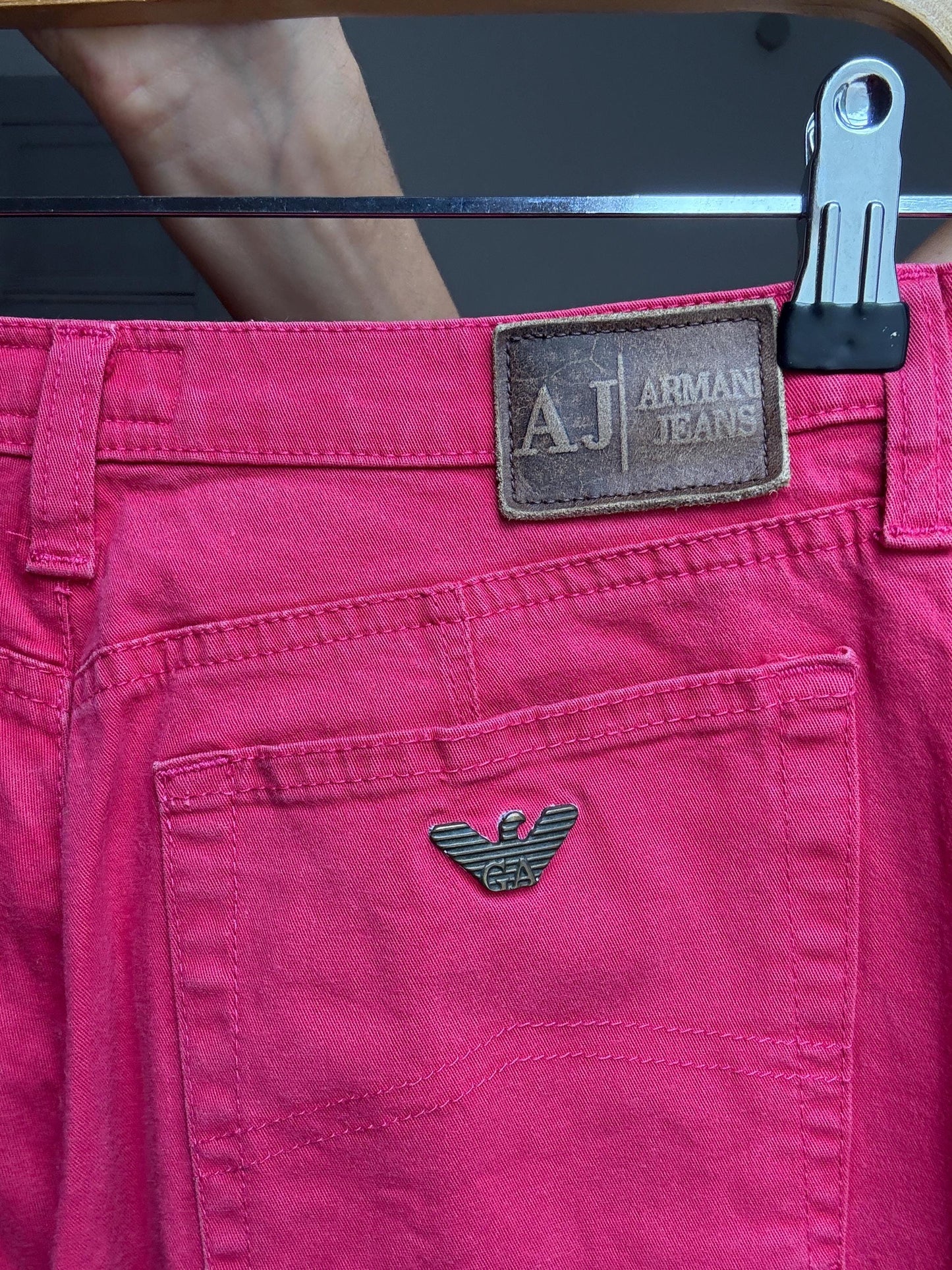 Vintage Armani Jeans Red Trousers – Size 28 – Designer Statement Pants