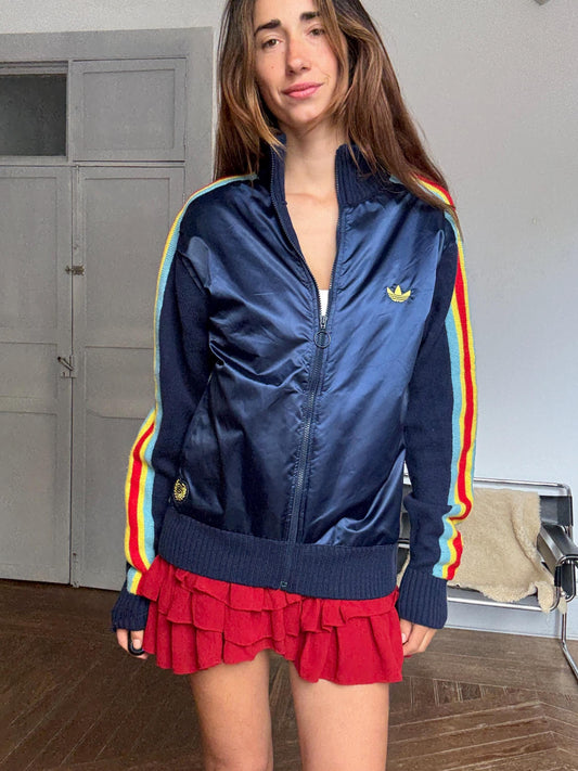 Vintage Adidas rainbow stripe zip jacket – unisex retro sportswear, wool body, size L, bold colorful sleeves
