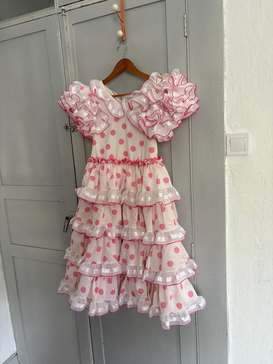 True vintage Spanish flamenco dress by Mari Cruz Sevilla – pink polka dot ruffle dress for petite adult or child, feria showpiece, Size XXS