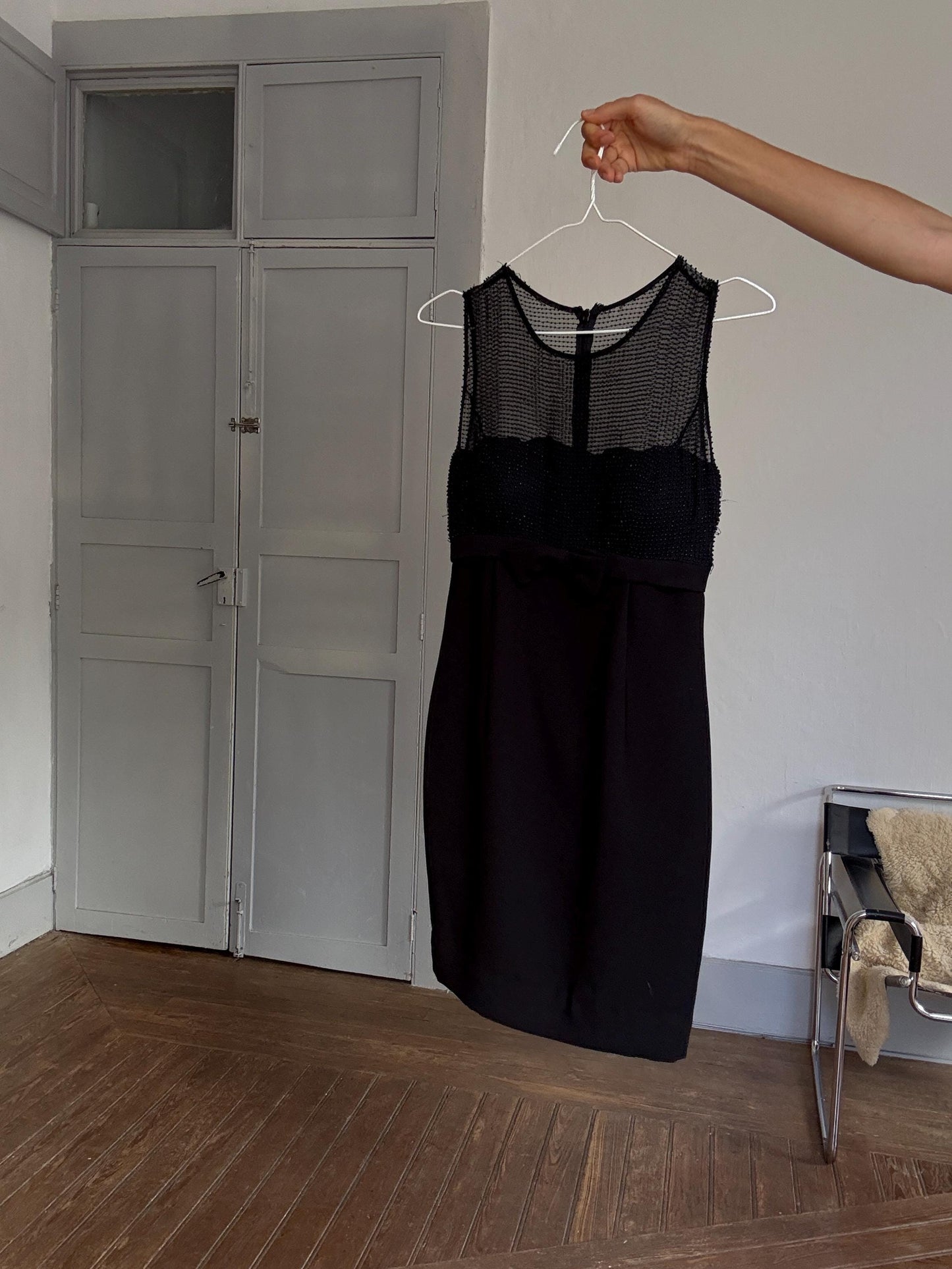 Vintage Pronovias Black Mini Dress with Sheer Beaded Bodice and Bow Detail – Elegant Party Look, Festive formal short sheer dress, XS