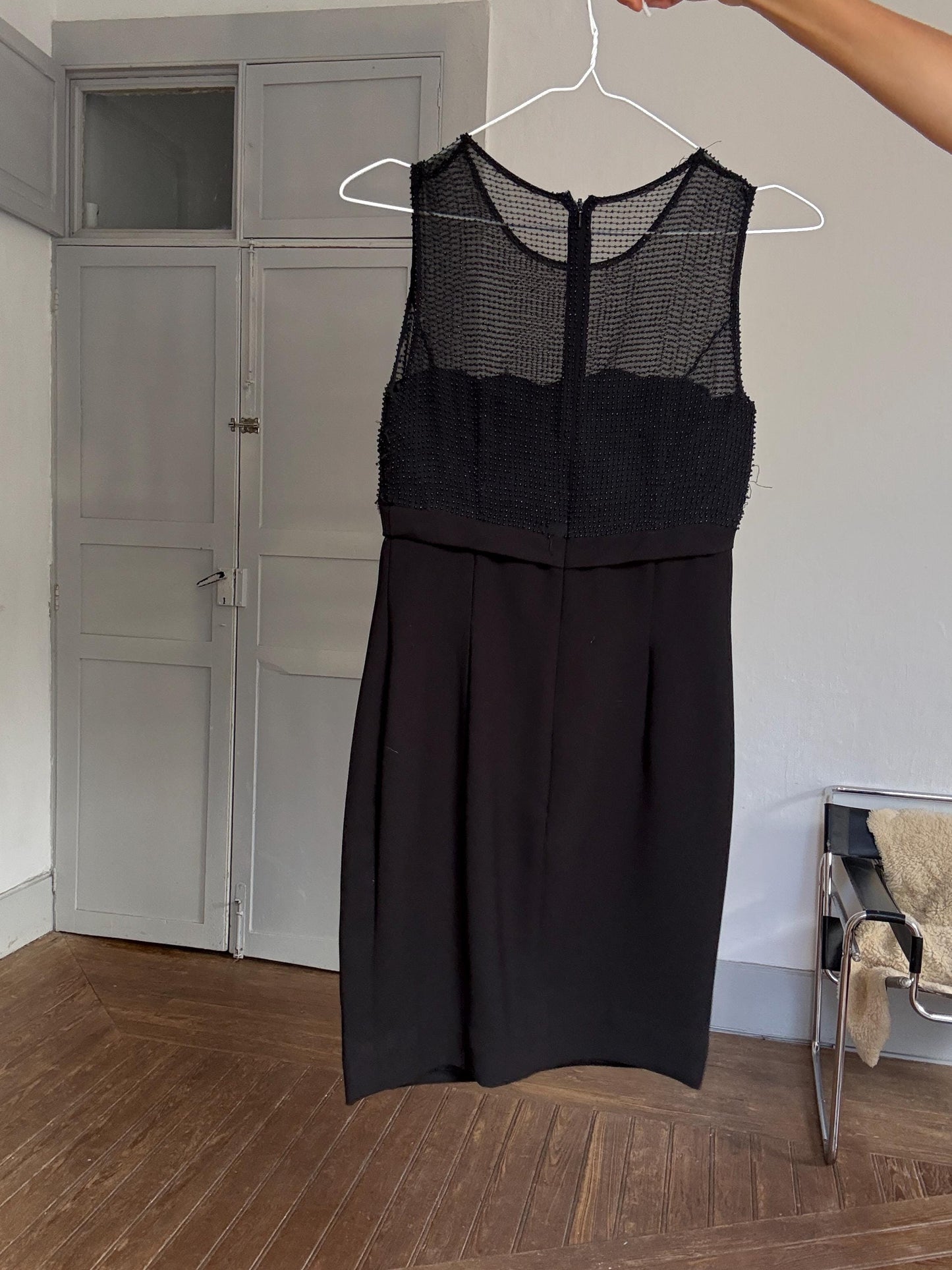 Vintage Pronovias Black Mini Dress with Sheer Beaded Bodice and Bow Detail – Elegant Party Look, Festive formal short sheer dress, XS