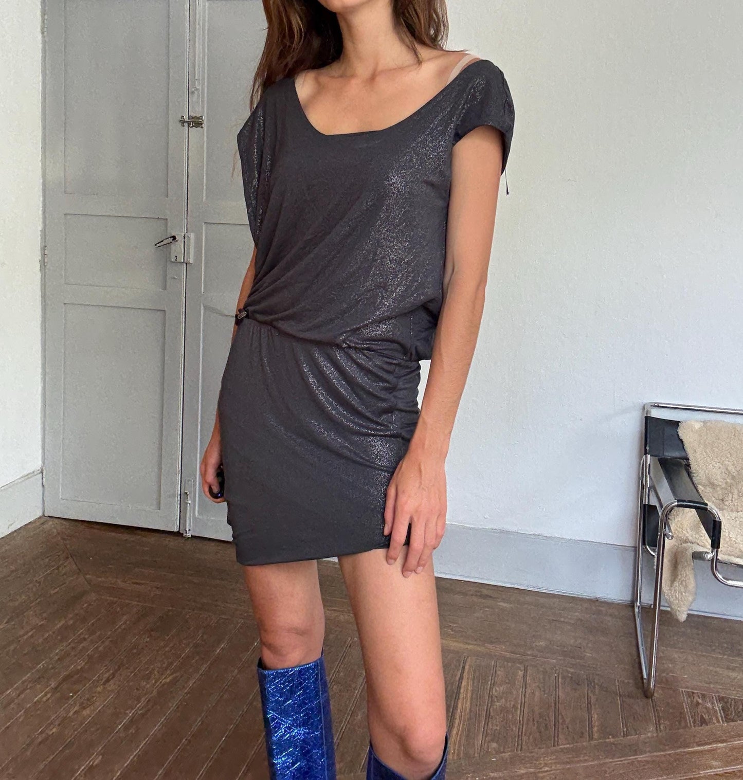 Vintage GUESS metallic charcoal draped mini dress – slinky shimmer partywear perfection