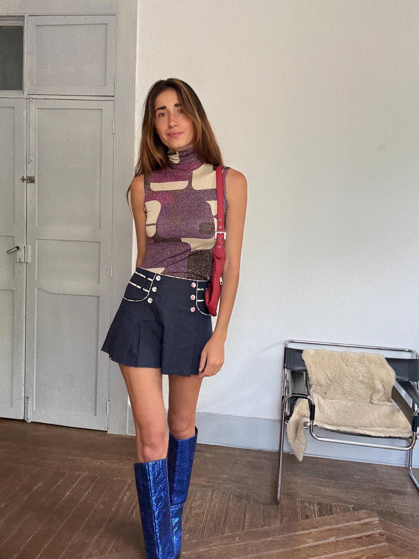 Vintage Y2K glitter turtleneck top – retro sleeveless sparkle in purple & cream