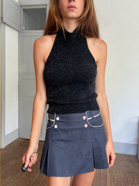 Vintage United Colors of Benetton halter neck top – black shimmer Y2K glam, size M