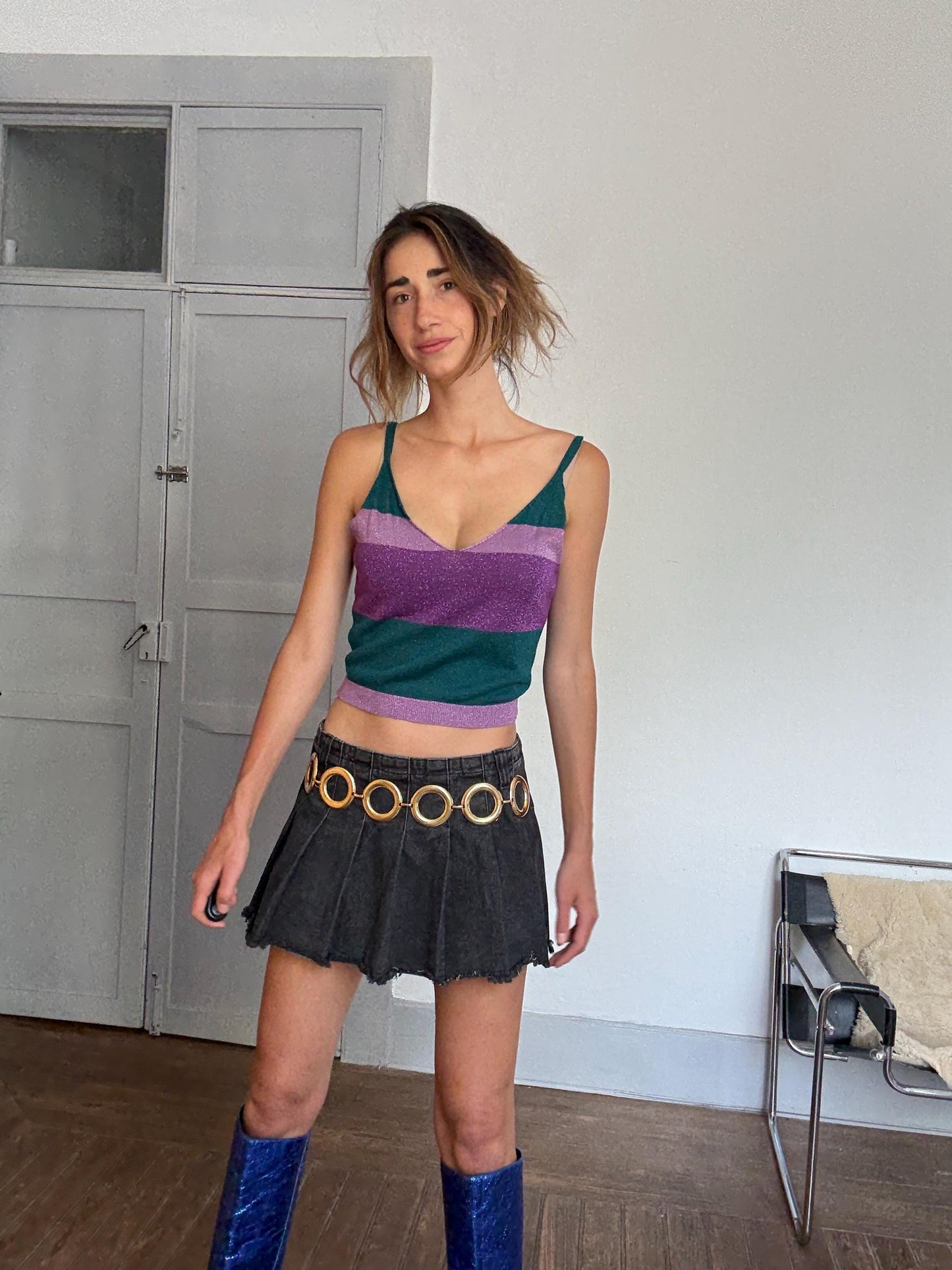 Y2K Glittery Striped Cami Top in Purple & Green | Britney Spears Style 2000s Clubwear | Vintage Sparkly Tank | Pop Diva Energy