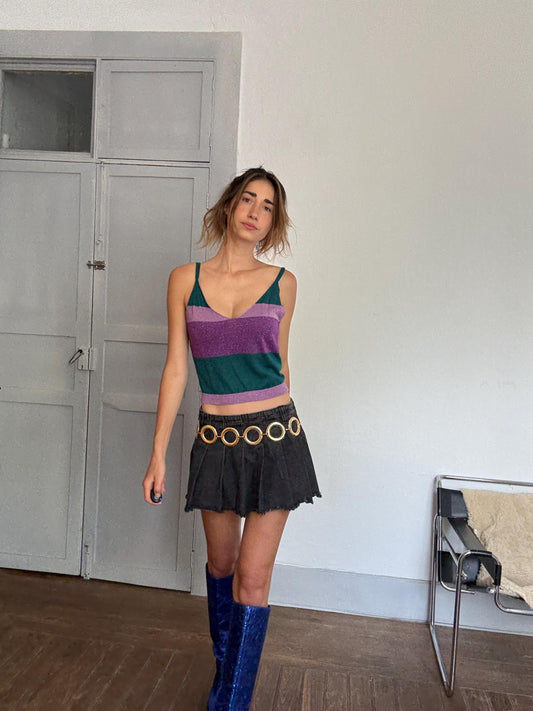 Y2K Glittery Striped Cami Top in Purple & Green | Britney Spears Style 2000s Clubwear | Vintage Sparkly Tank | Pop Diva Energy