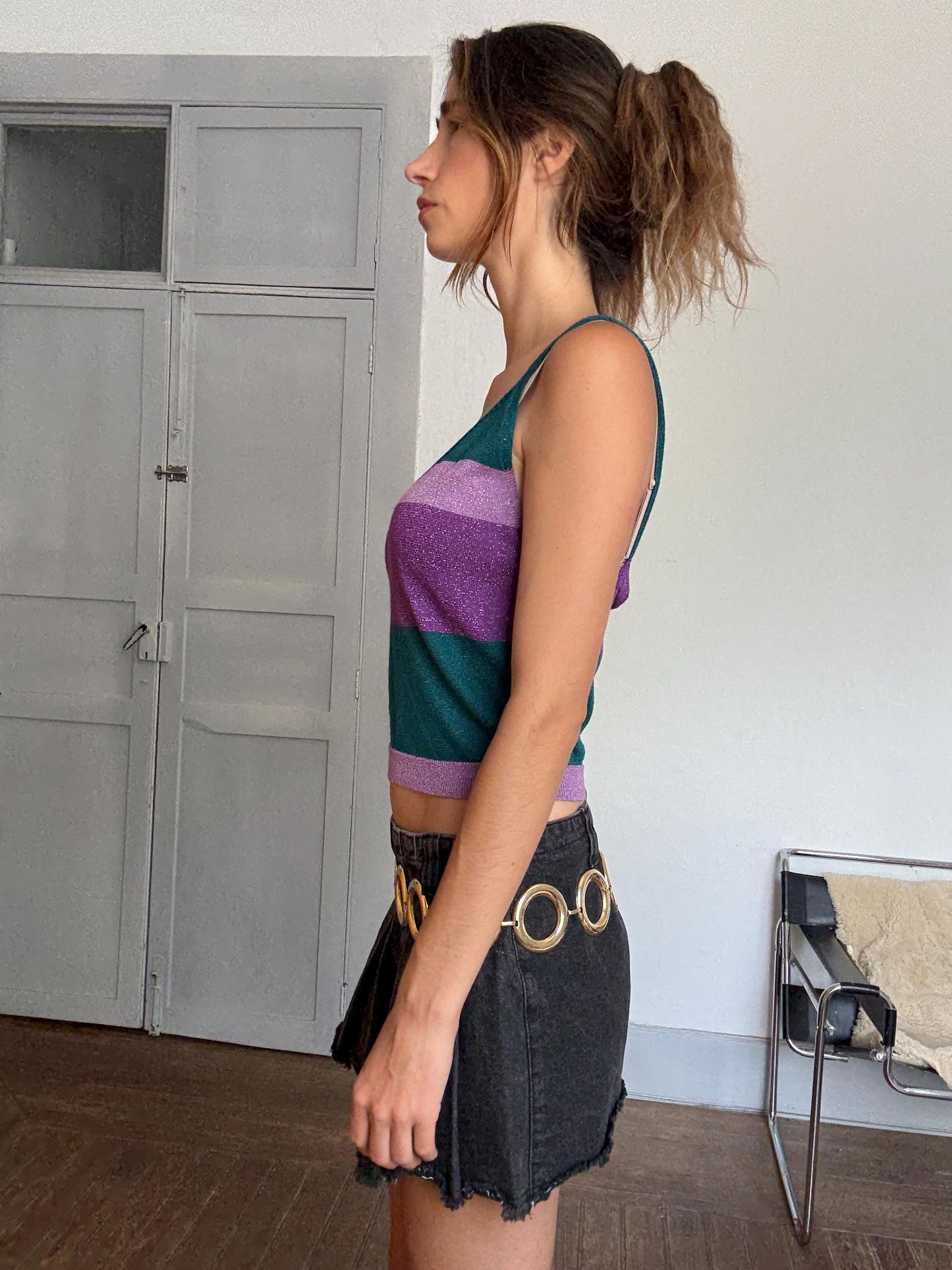 Y2K Glittery Striped Cami Top in Purple & Green | Britney Spears Style 2000s Clubwear | Vintage Sparkly Tank | Pop Diva Energy