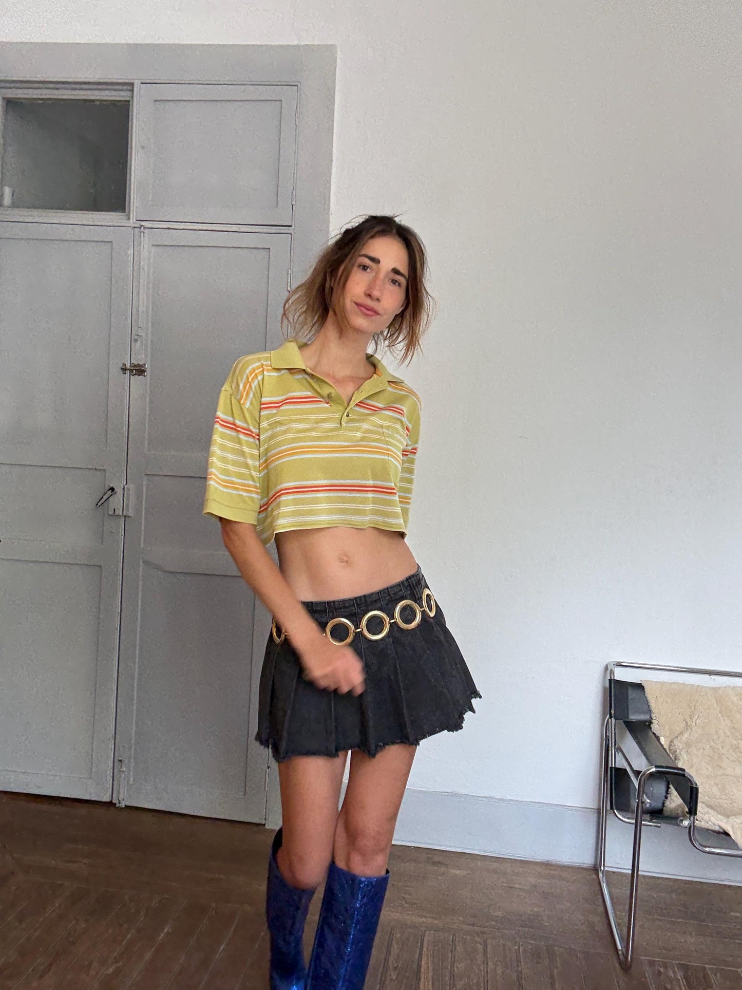 Reworked Vintage Belika Polo – Cropped Striped Polo Shirt in Cheerful Colors, Unisex Oversized Fit, Upcycled from Menswear, Size L