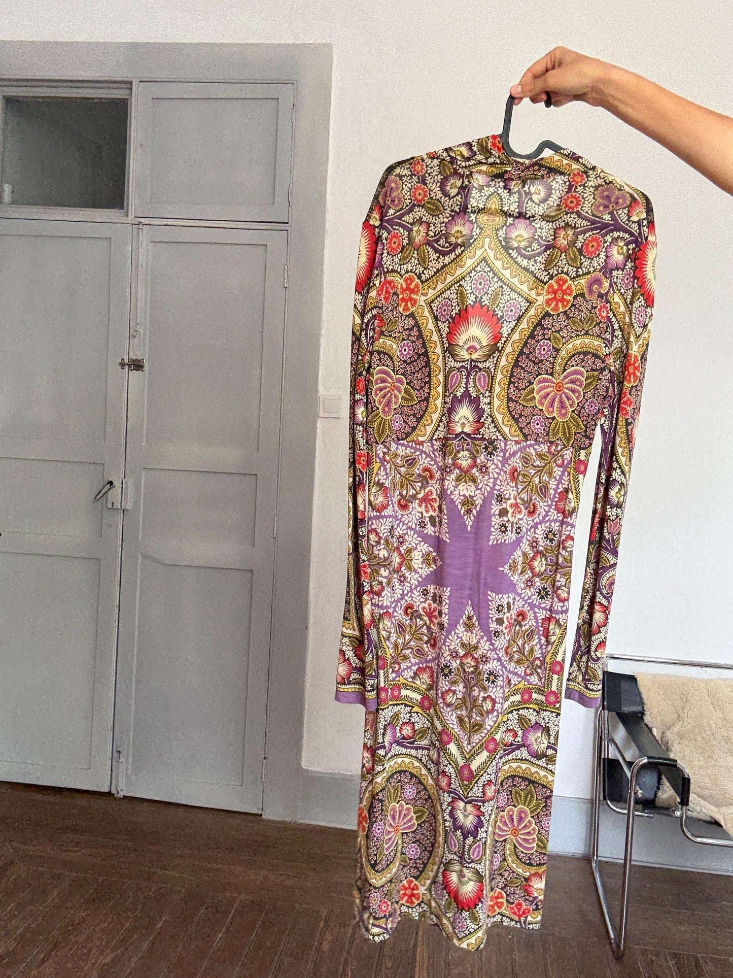 Vintage Etro Milano Designer Dress – Bold Bohemian Print, Made in Italy, Soft Stretch Fabric, Long Sleeve Luxury Piece, Size 46