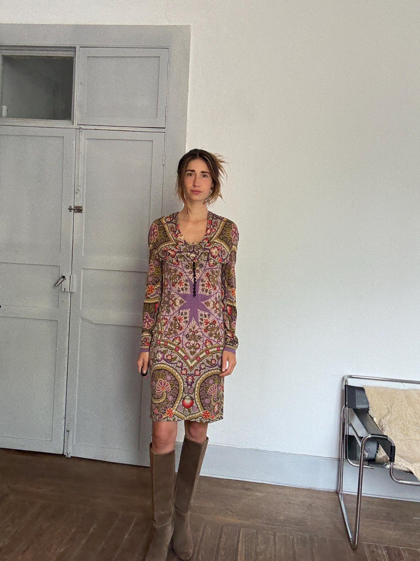 Vintage Etro Milano Designer Dress – Bold Bohemian Print, Made in Italy, Soft Stretch Fabric, Long Sleeve Luxury Piece, Size 46