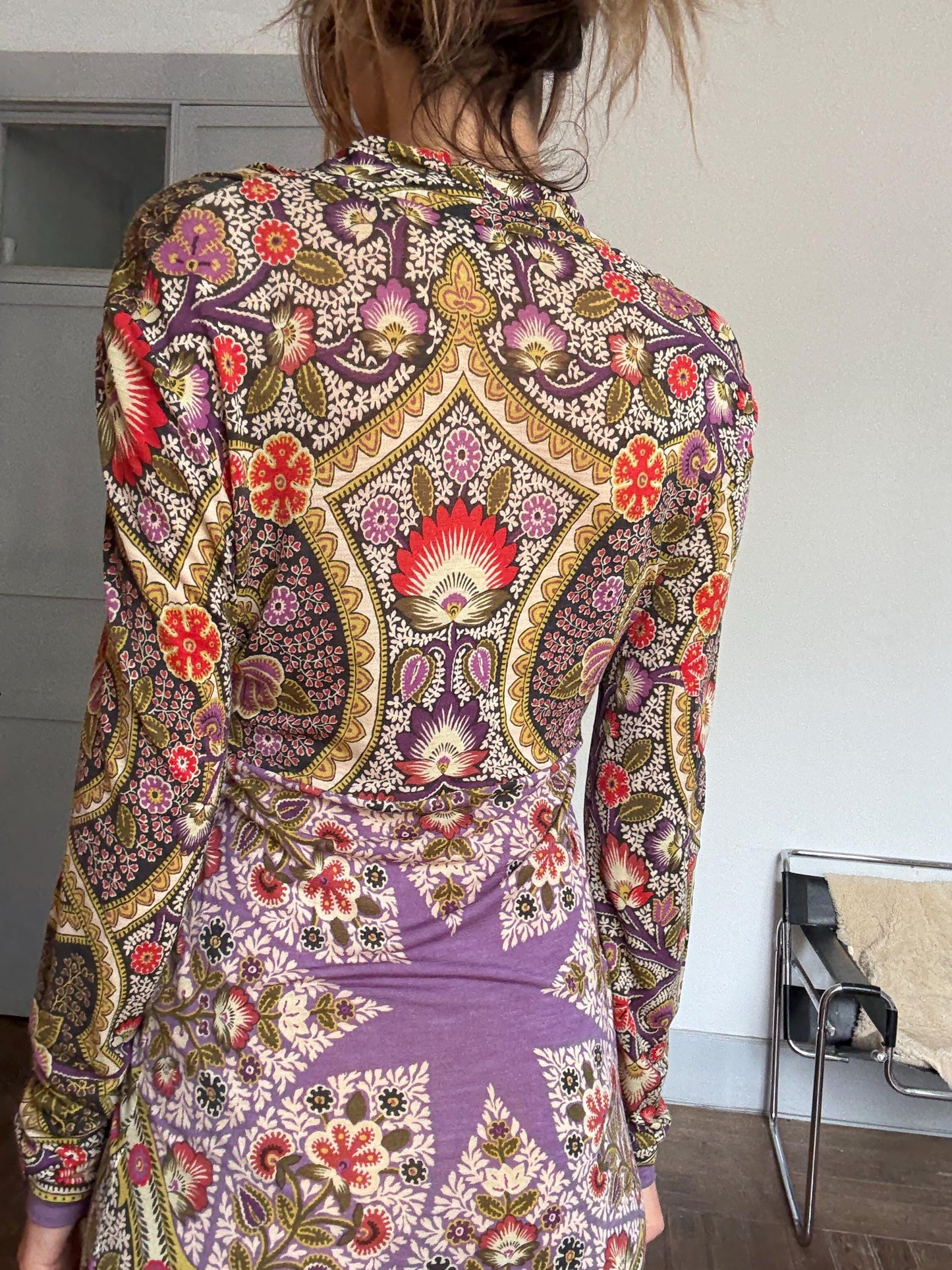 Vintage Etro Milano Designer Dress – Bold Bohemian Print, Made in Italy, Soft Stretch Fabric, Long Sleeve Luxury Piece, Size 46