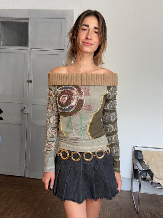 Vintage Desigual Off-Shoulder Top – 90s Y2K Style, Long Sleeve Stretchy Fit, Distressed Patchwork, Rare Designer Piece, Size S