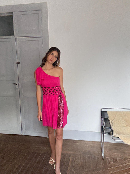 Pink One-Shoulder Sequin Mini Dress – Size 38 | Sparkly Cocktail Party Dress | Y2K Glam Look | Side Zipper Closure