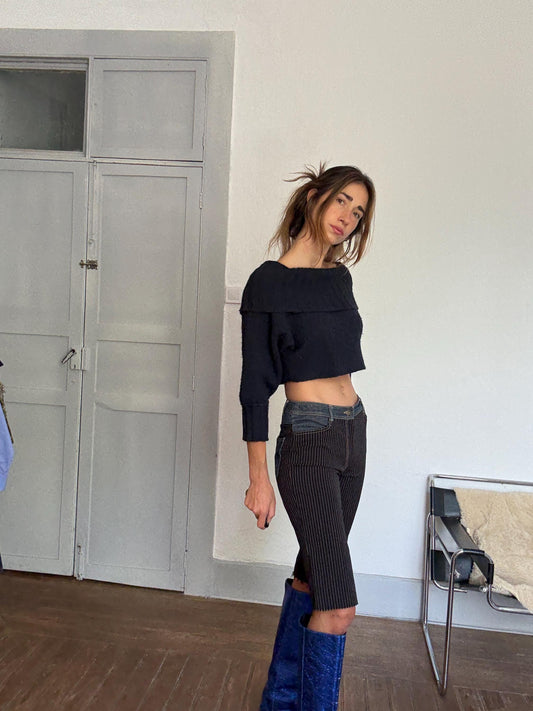 Y2K Pinstripe & Denim Patchwork Capri Pants – Vintage 90s Low Waist Pants | Size M