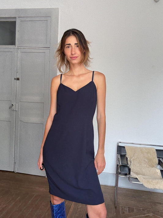 Vintage Navy Blue Slip Dress by Simon Ellis – Elegant Minimalist Occasion Dress, Size L / UK 16 / US 12
