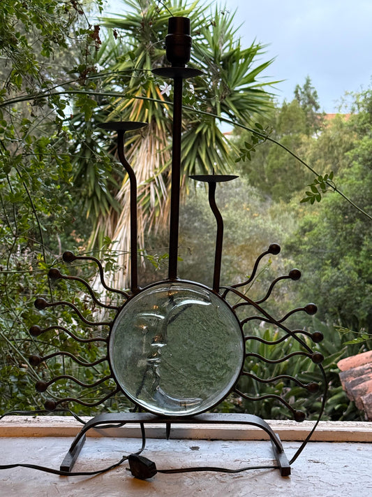 Vintage Iron & Glass Moon Face Lamp — detail