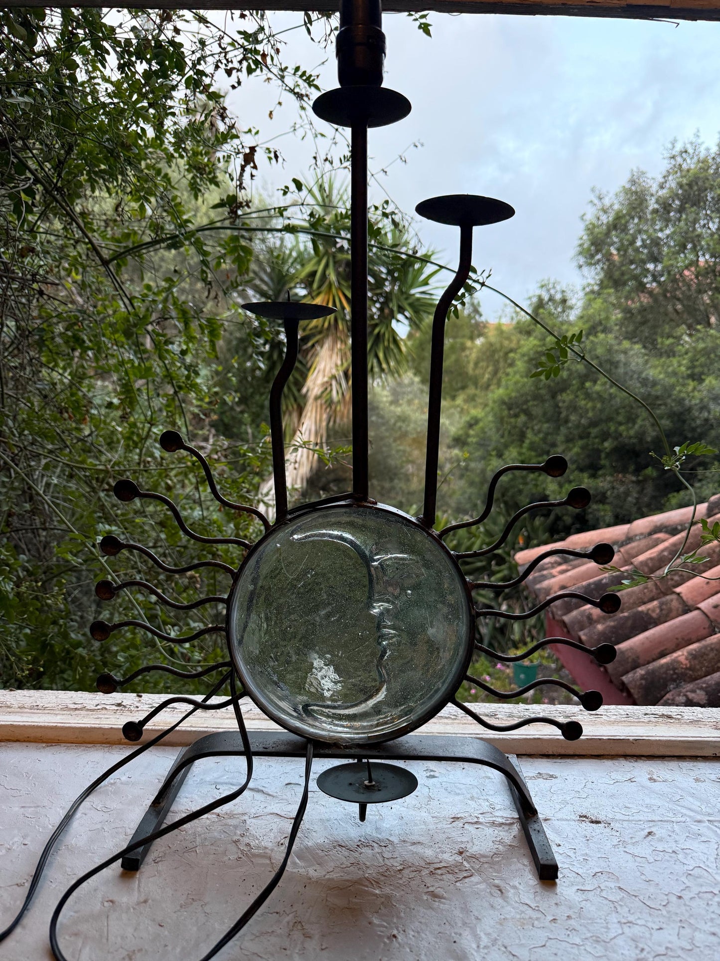 Vintage moon face lamp in iron & glass with candle holders + E27 bulb socket — celestial gothic boho home decor, mystical altar light