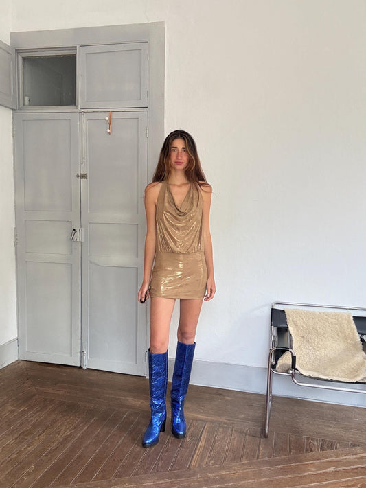 Vintage gold metallic halter mini dress – sexy low back with tie detail, 90s Y2K glam vibe, shimmering party piece, fits like S-M