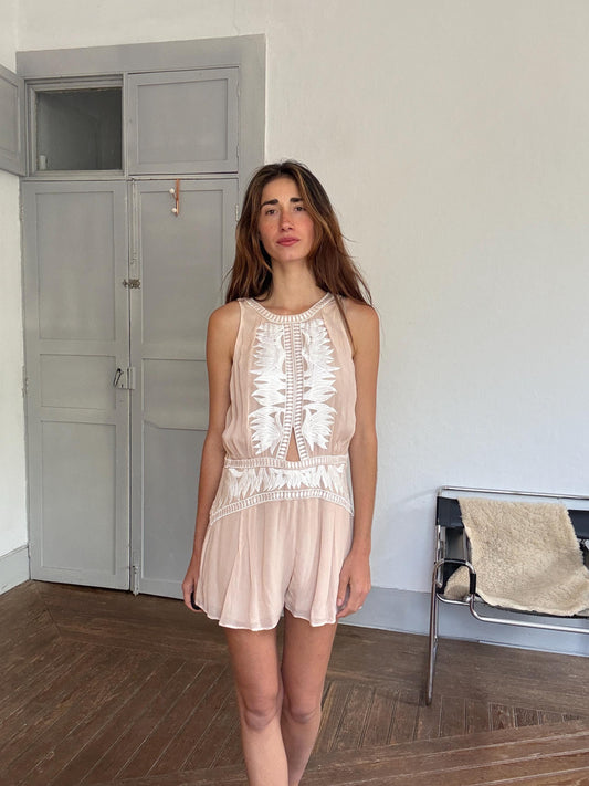Nude embroidered romper – breezy sleeveless playsuit with open back, size L, floaty & flattering fit, boho summer one-piece