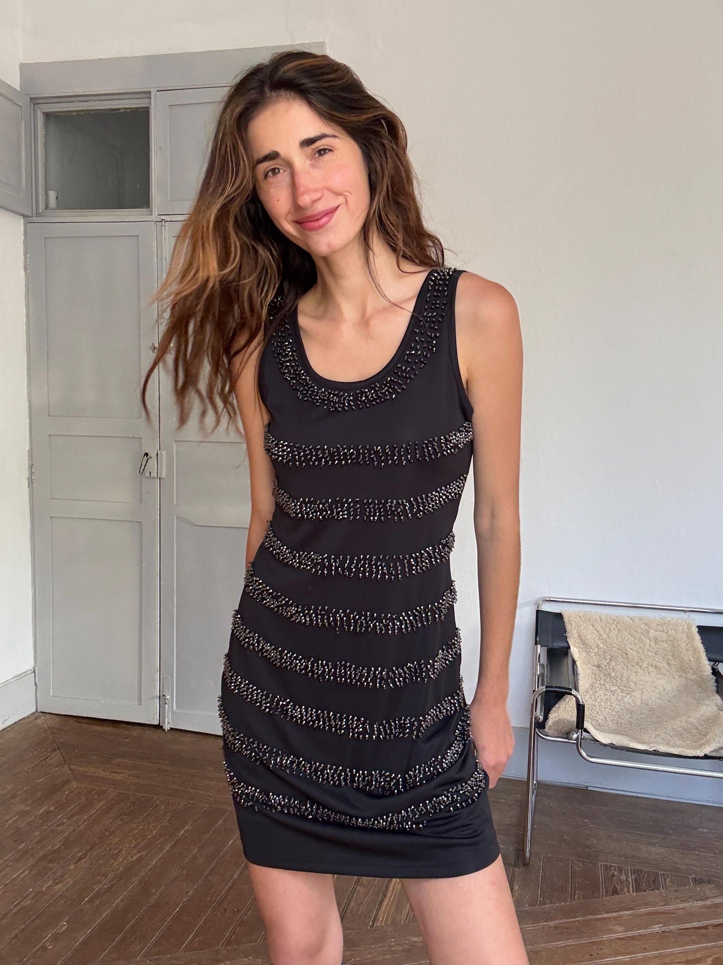 AVintage black beaded mini dress – sleeveless sparkle party dress, stretchy & comfy, size L, 90s Y2K glam cocktail look
