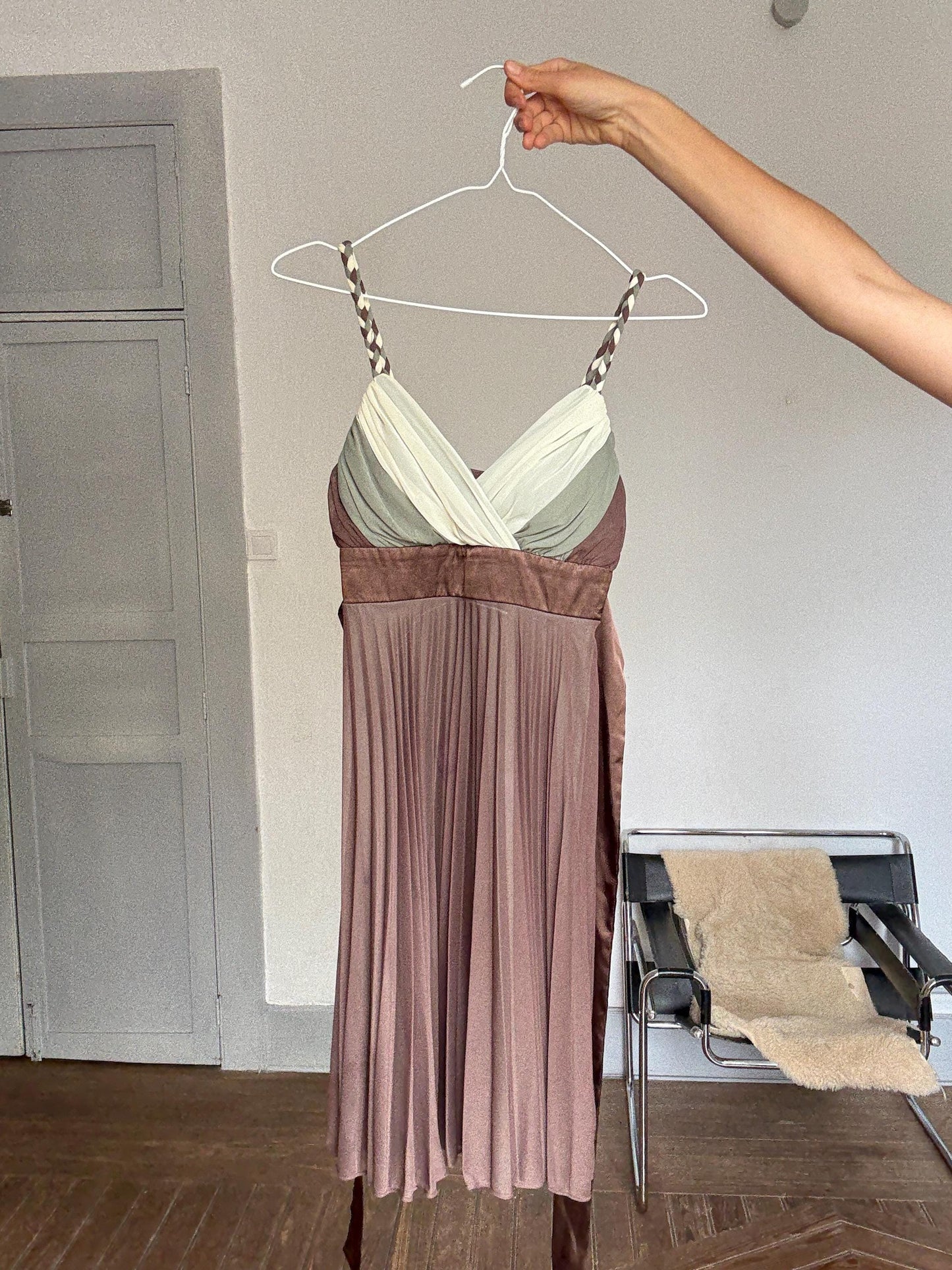 Y2K Pleated Mini Dress – Sheer Brown Colorblock – Vintage 2000s Party Dress with Braided Straps – Upcycle Project Size EU 38