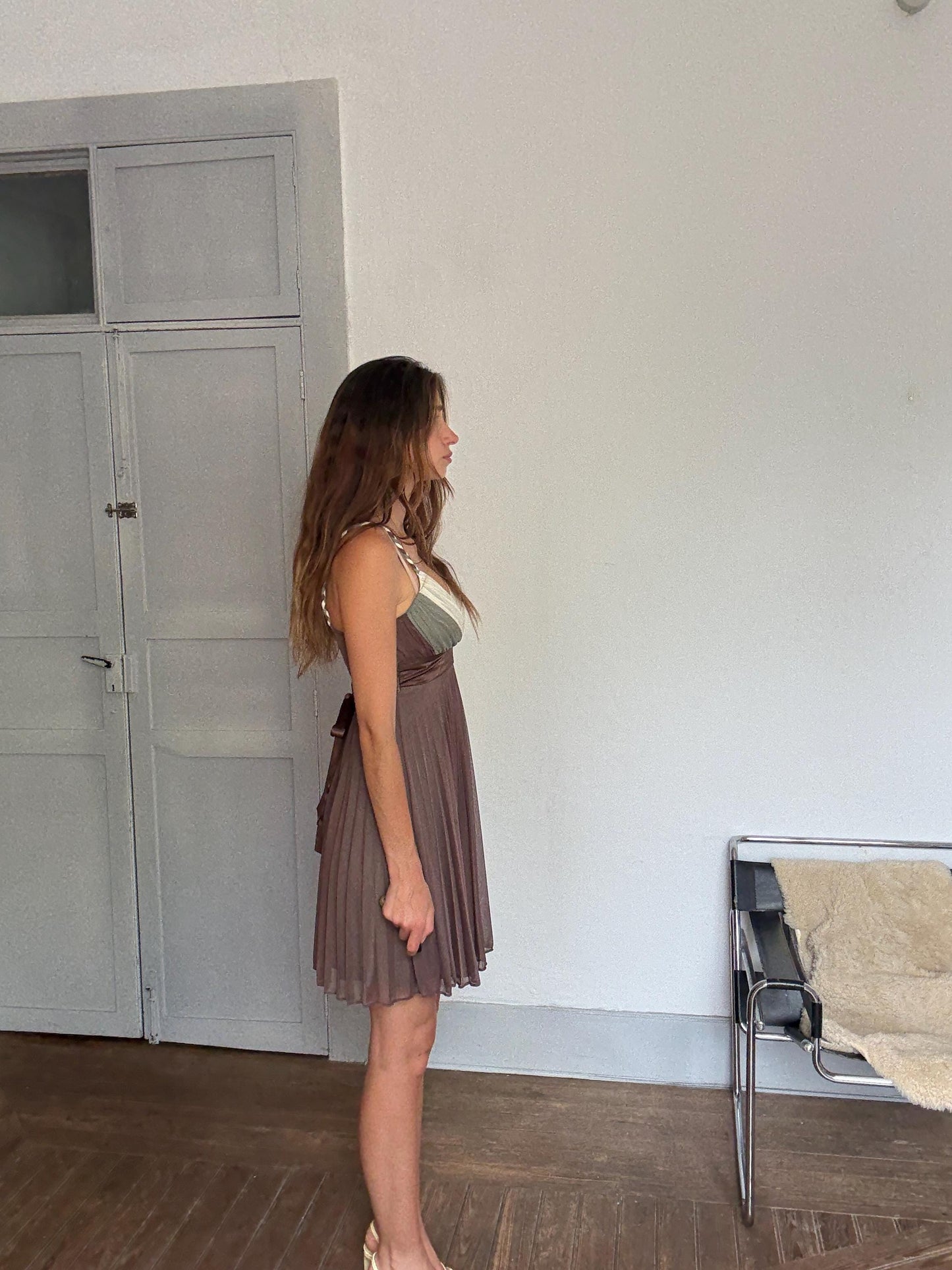 Y2K Pleated Mini Dress – Sheer Brown Colorblock – Vintage 2000s Party Dress with Braided Straps – Upcycle Project Size EU 38