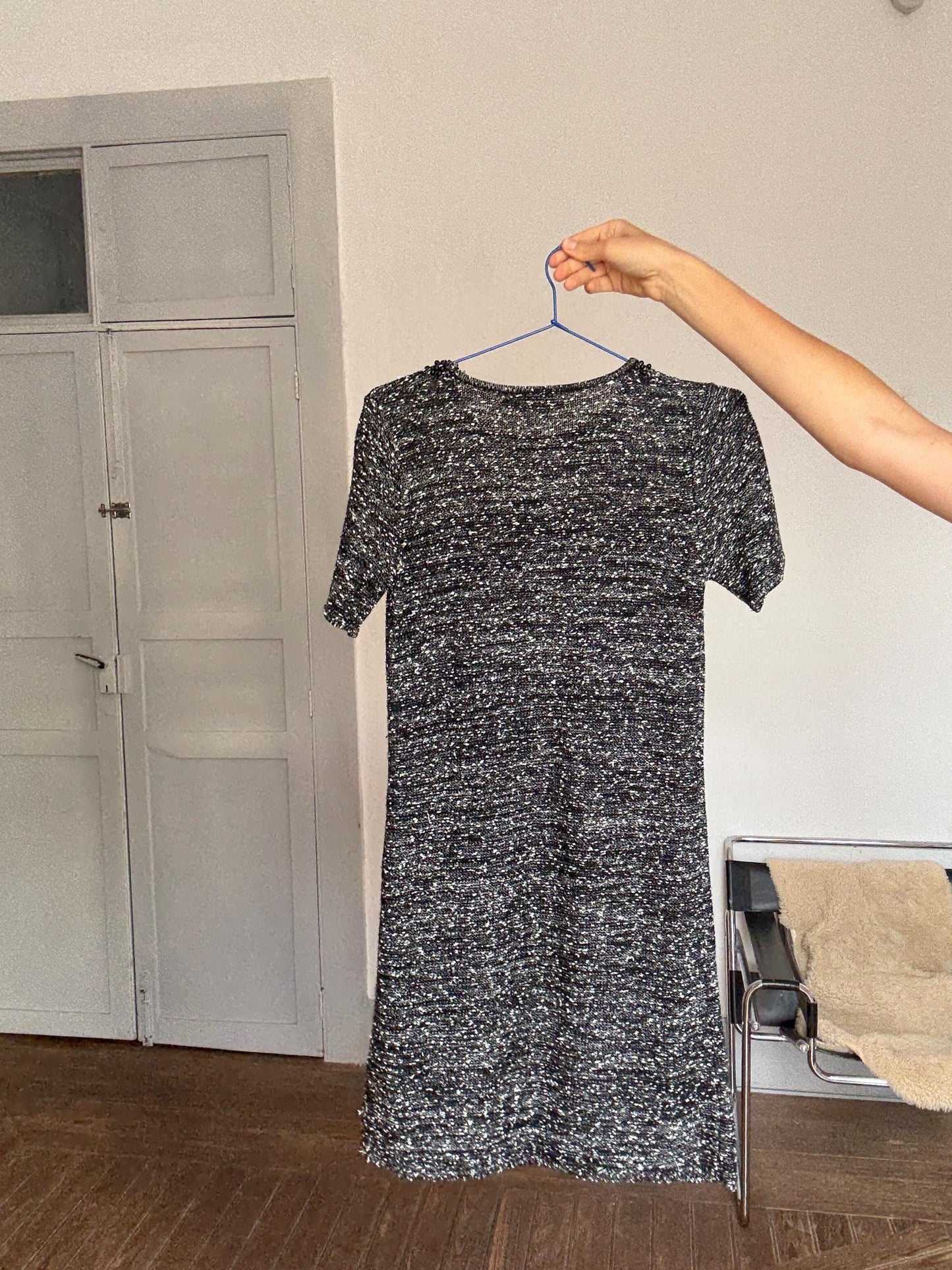 Luxe Beaded Tweed Mini Dress, Spanish designer Luxury, Simple modern a lini short woman dress, Size M (UK 10 / US 6)