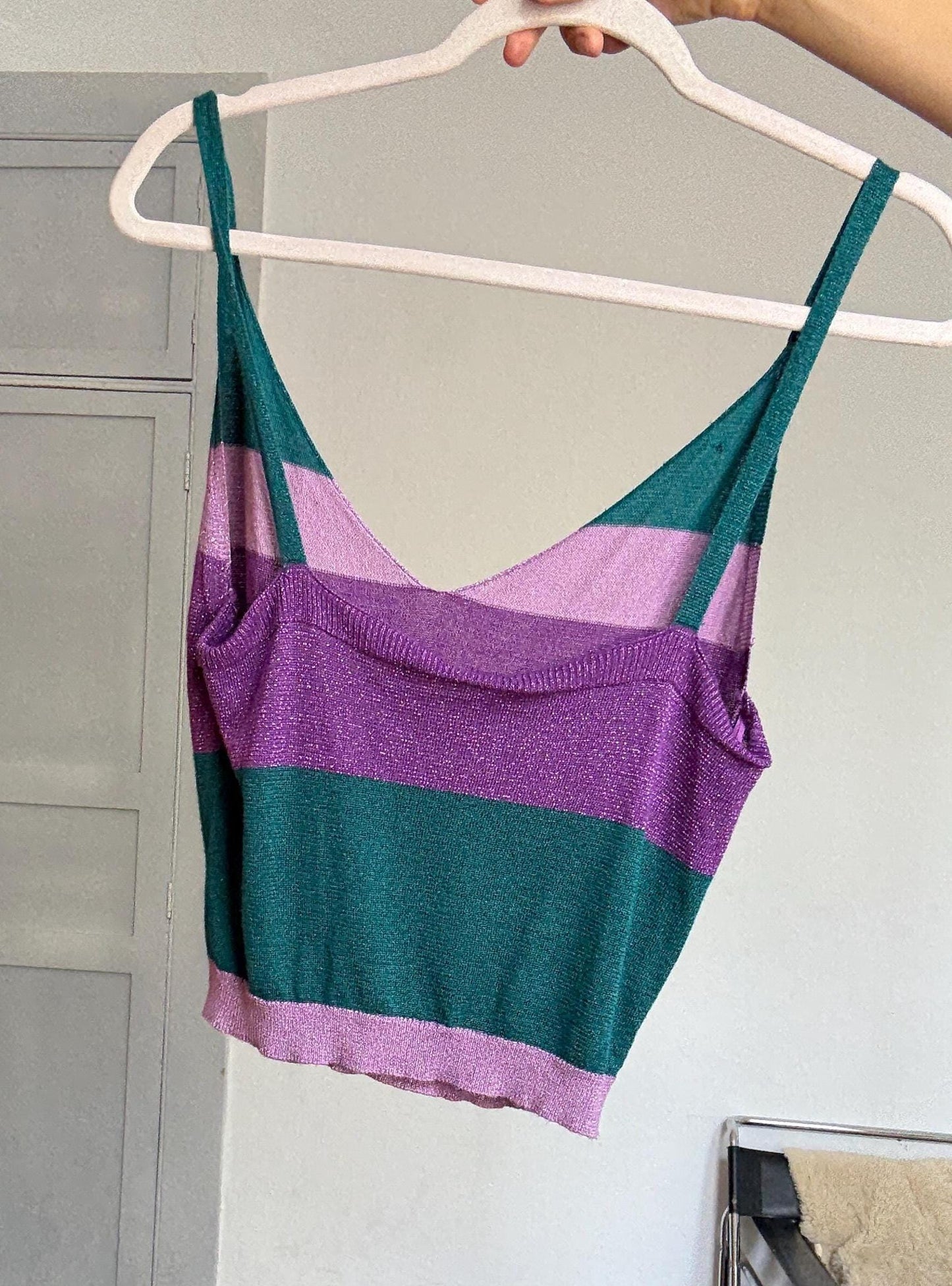 Y2K Glittery Striped Cami Top in Purple & Green | Britney Spears Style 2000s Clubwear | Vintage Sparkly Tank | Pop Diva Energy