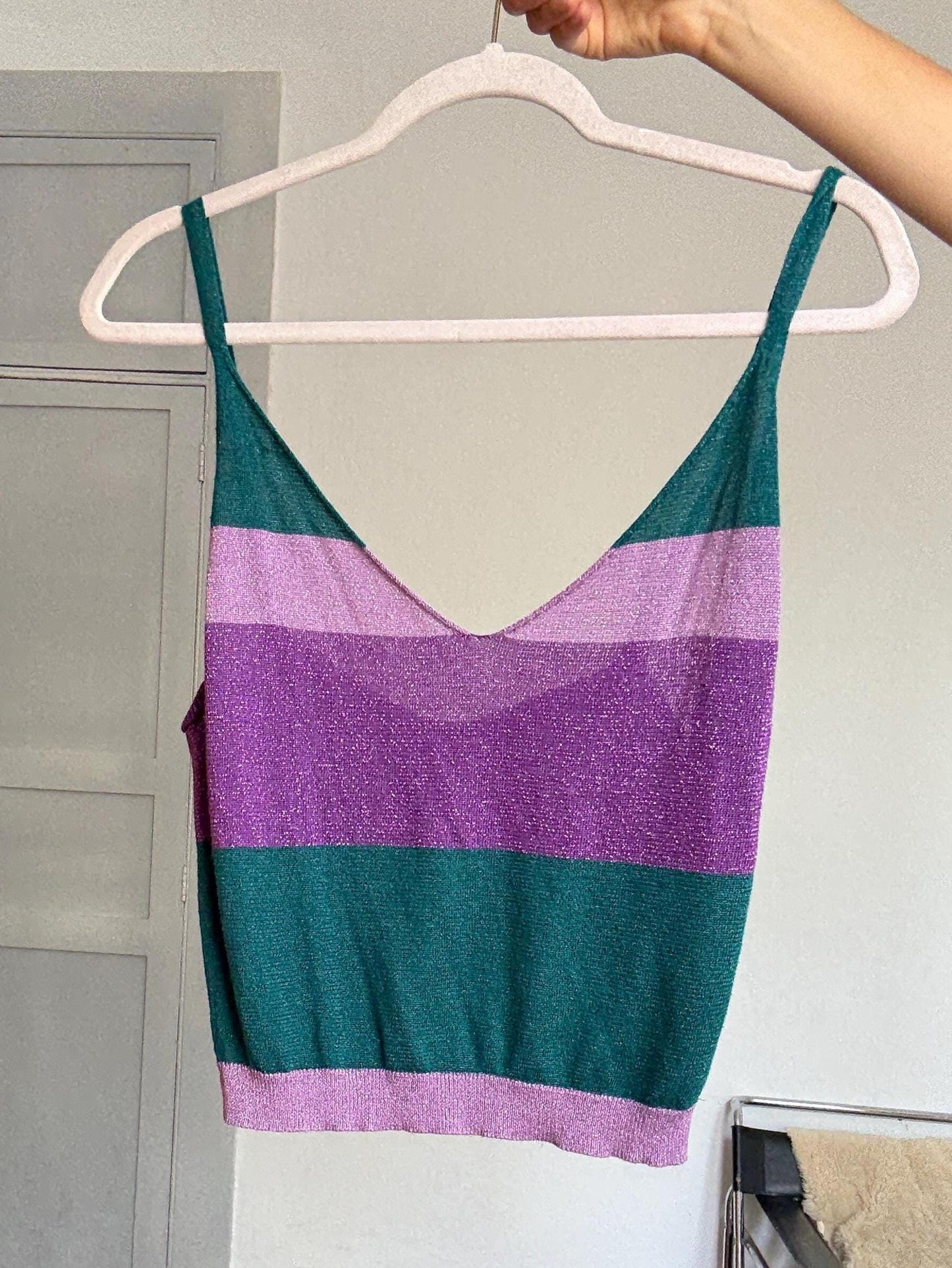 Y2K Glittery Striped Cami Top in Purple & Green | Britney Spears Style 2000s Clubwear | Vintage Sparkly Tank | Pop Diva Energy