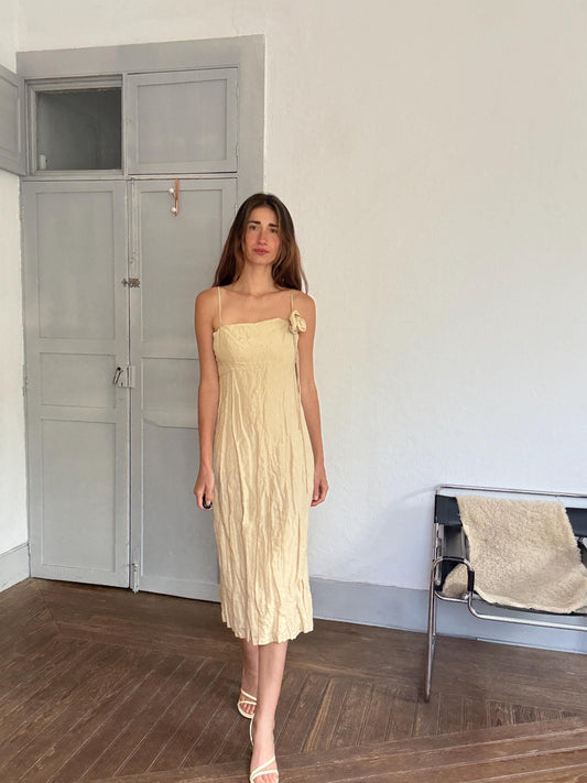 Vintage Spanish designer seamstress dress, Maria Jose Navarro long formal evening dress – ivory slip gown with rosette detail, EU 36/38 fit