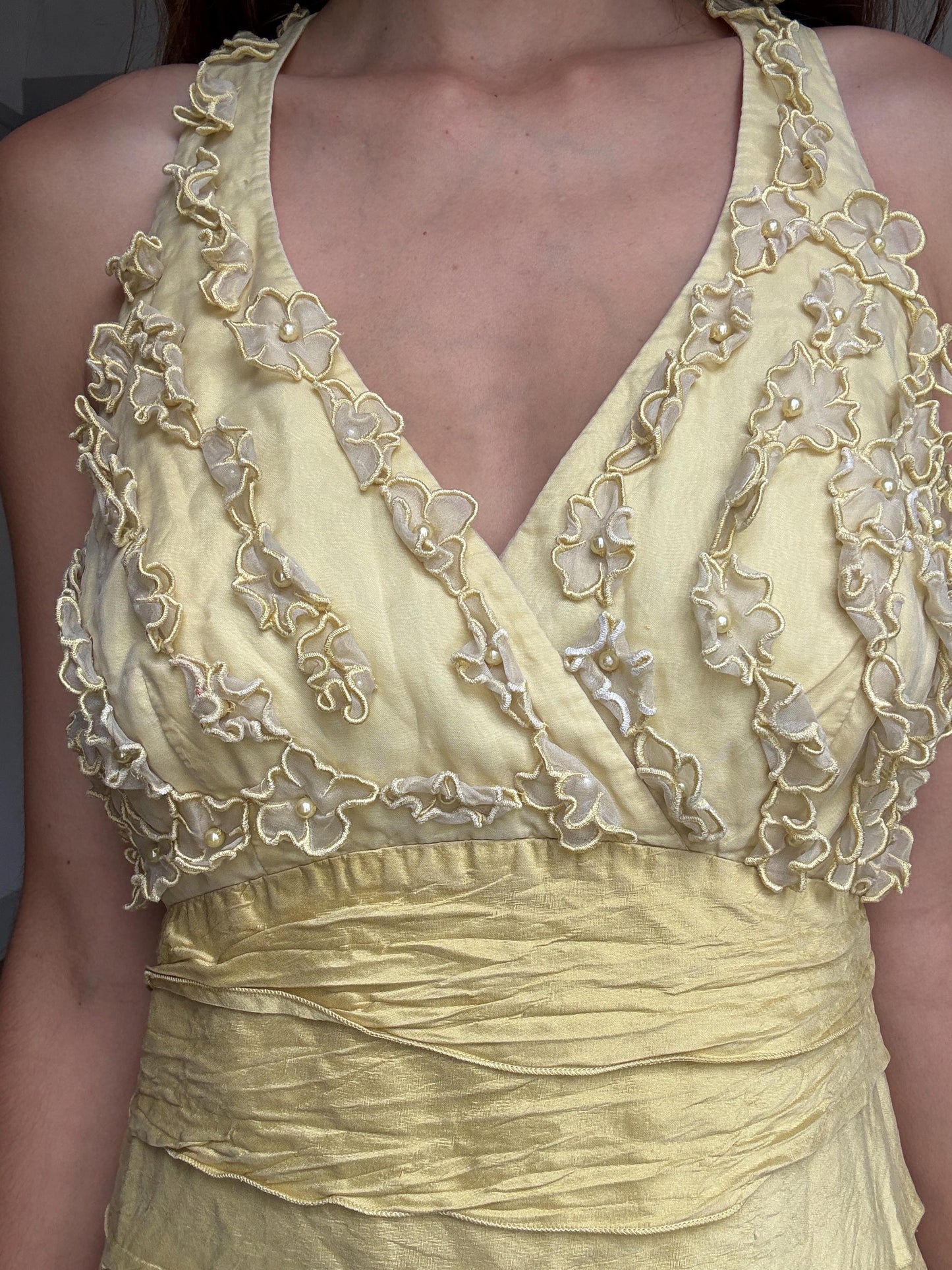 Vintage Luisa Spagnoli silk cocktail dress – lemon yellow embroidered floral bodice, EU 44, elegant party dress, Italian designer