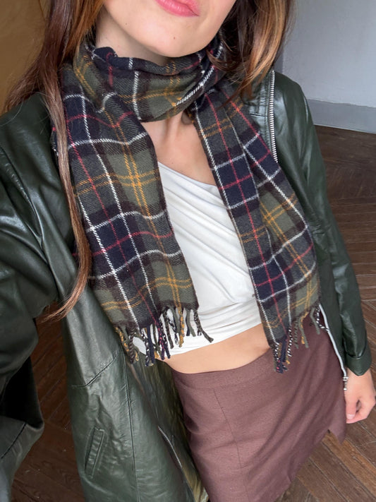 Vintage barbour wool scarf made in scotland – green plaid tartan, soft fringe, classic heritage style