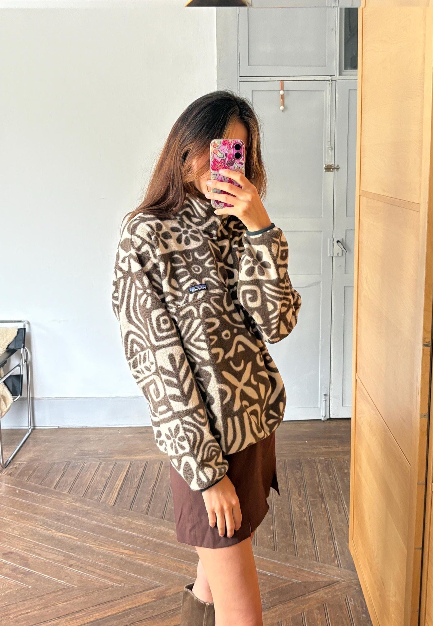 Vintage patagonia synchilla fleece pullover – rare tribal print, brown/cream snap-t, made in usa, cozy retro unisex outerwear