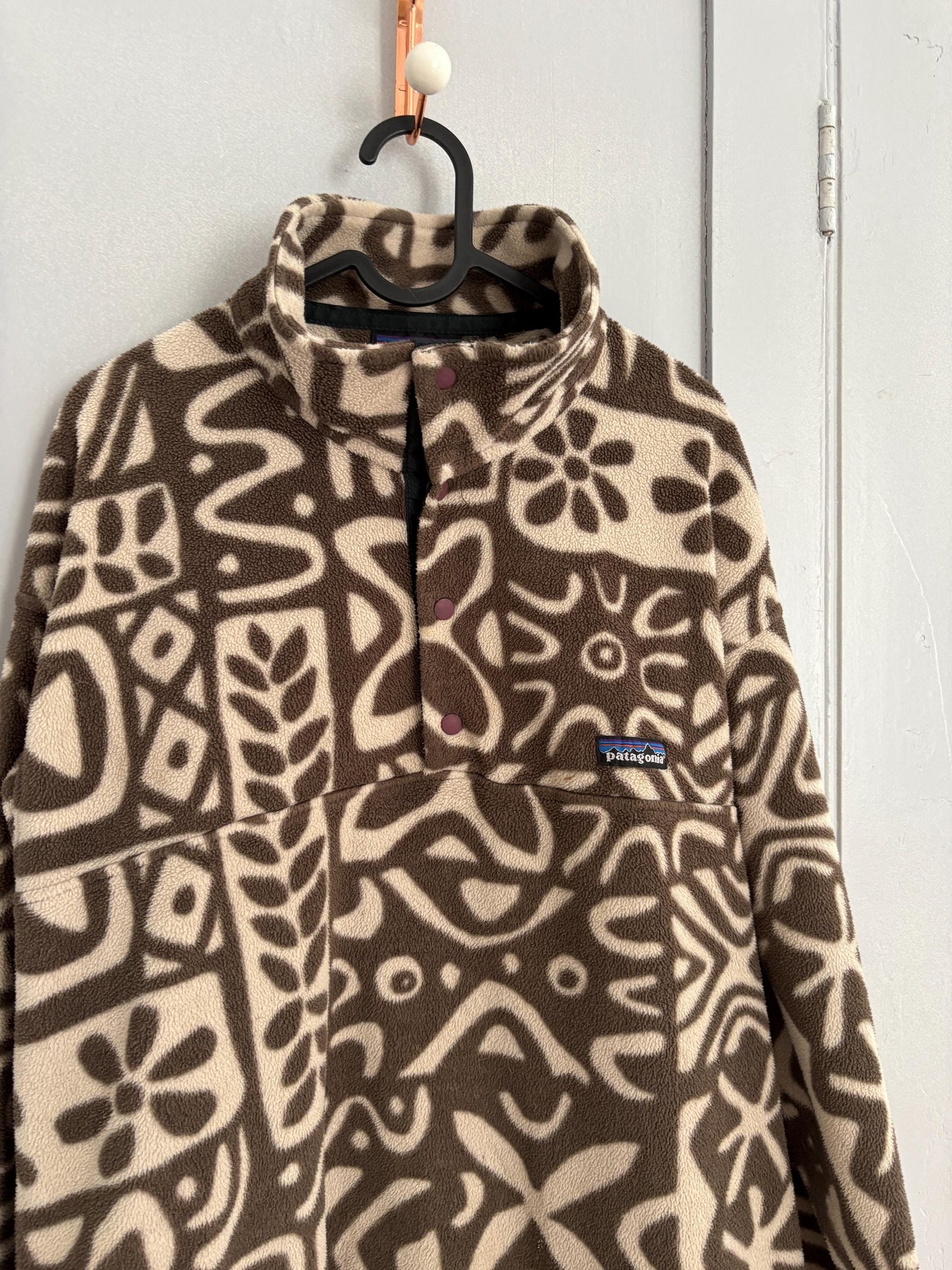 Vintage patagonia synchilla fleece pullover – rare tribal print, brown/cream snap-t, made in usa, cozy retro unisex outerwear