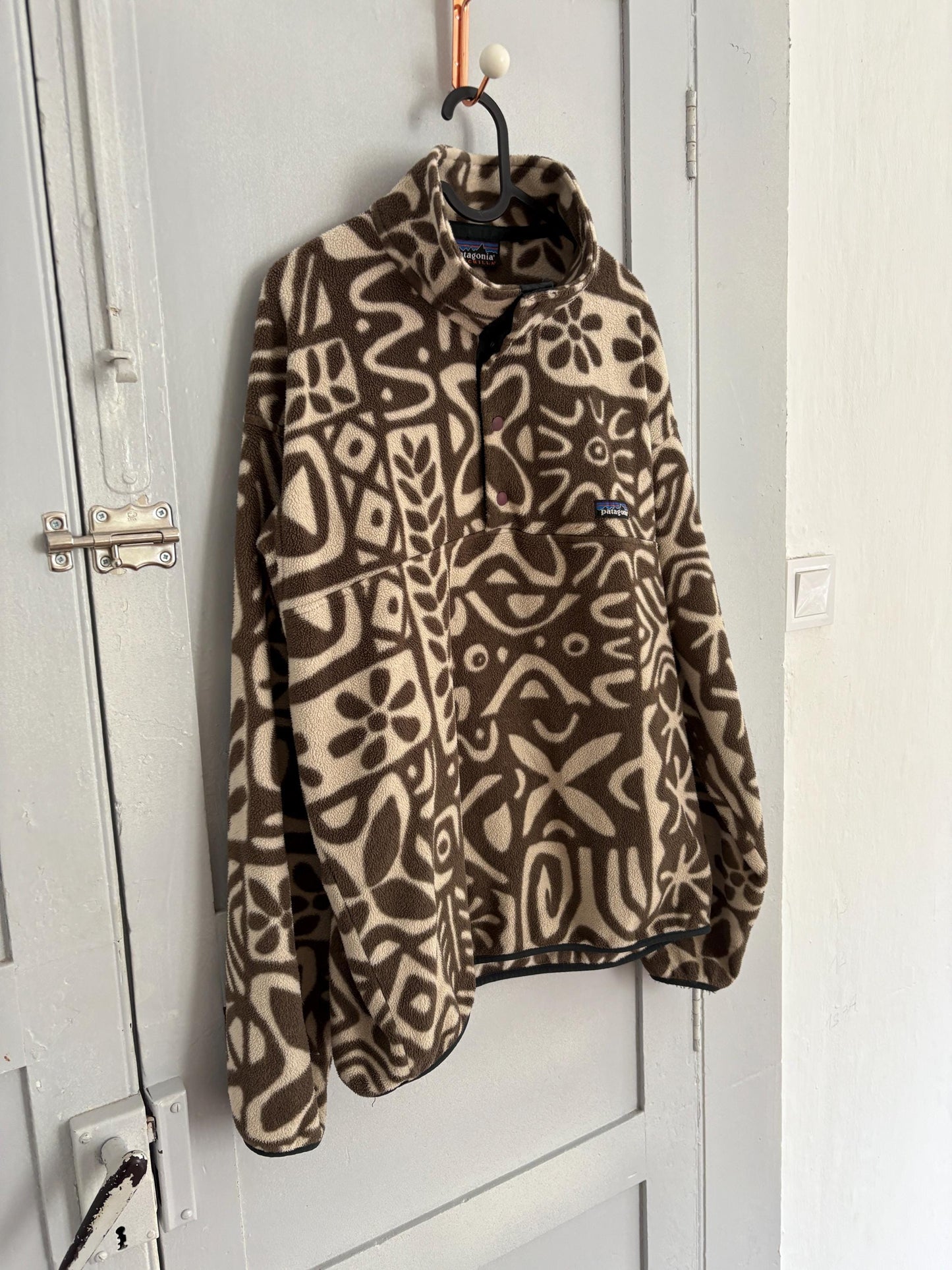 Vintage patagonia synchilla fleece pullover – rare tribal print, brown/cream snap-t, made in usa, cozy retro unisex outerwear