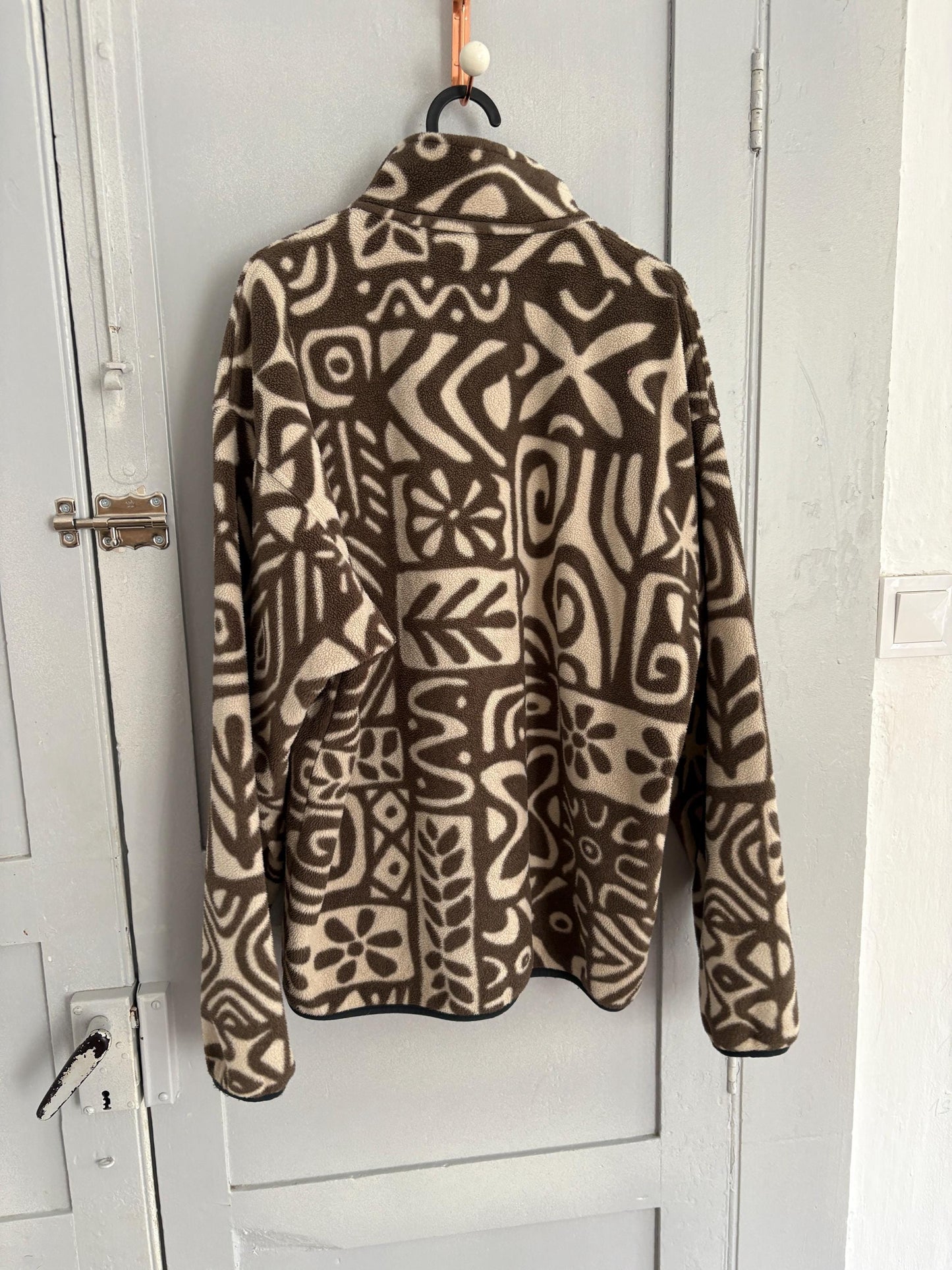 Vintage patagonia synchilla fleece pullover – rare tribal print, brown/cream snap-t, made in usa, cozy retro unisex outerwear