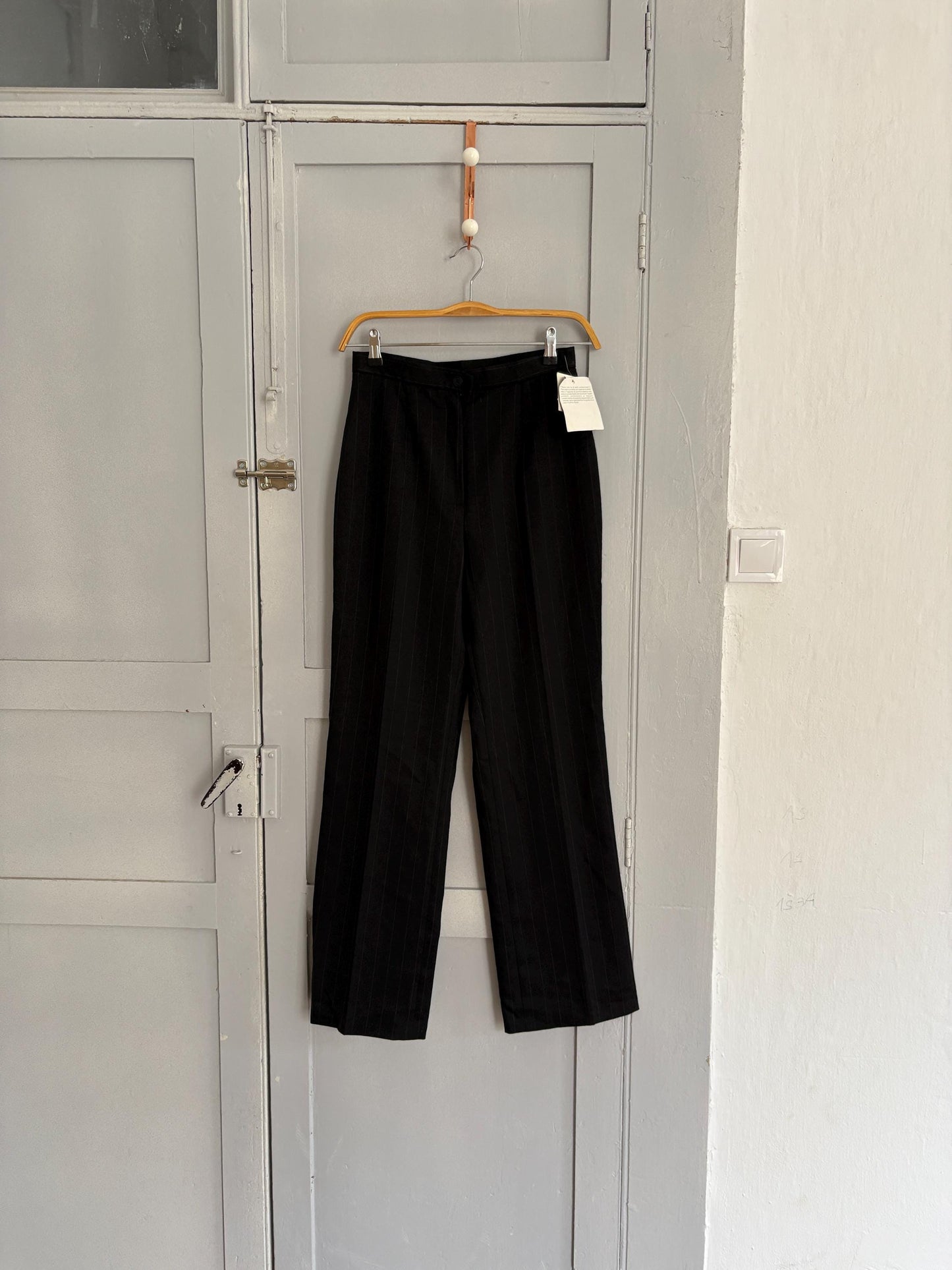 Vintage italian black pinstripe trousers – high waist straight leg pants, vitti vitti, elegant tailored fit, size s / it 42 / d 36