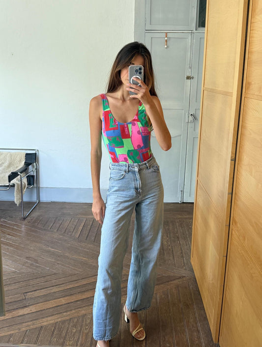 Vintage colorful bodysuit top | 80s/90s retro one piece | y2k high cut body | cotton | size xs | festival summer statement piece