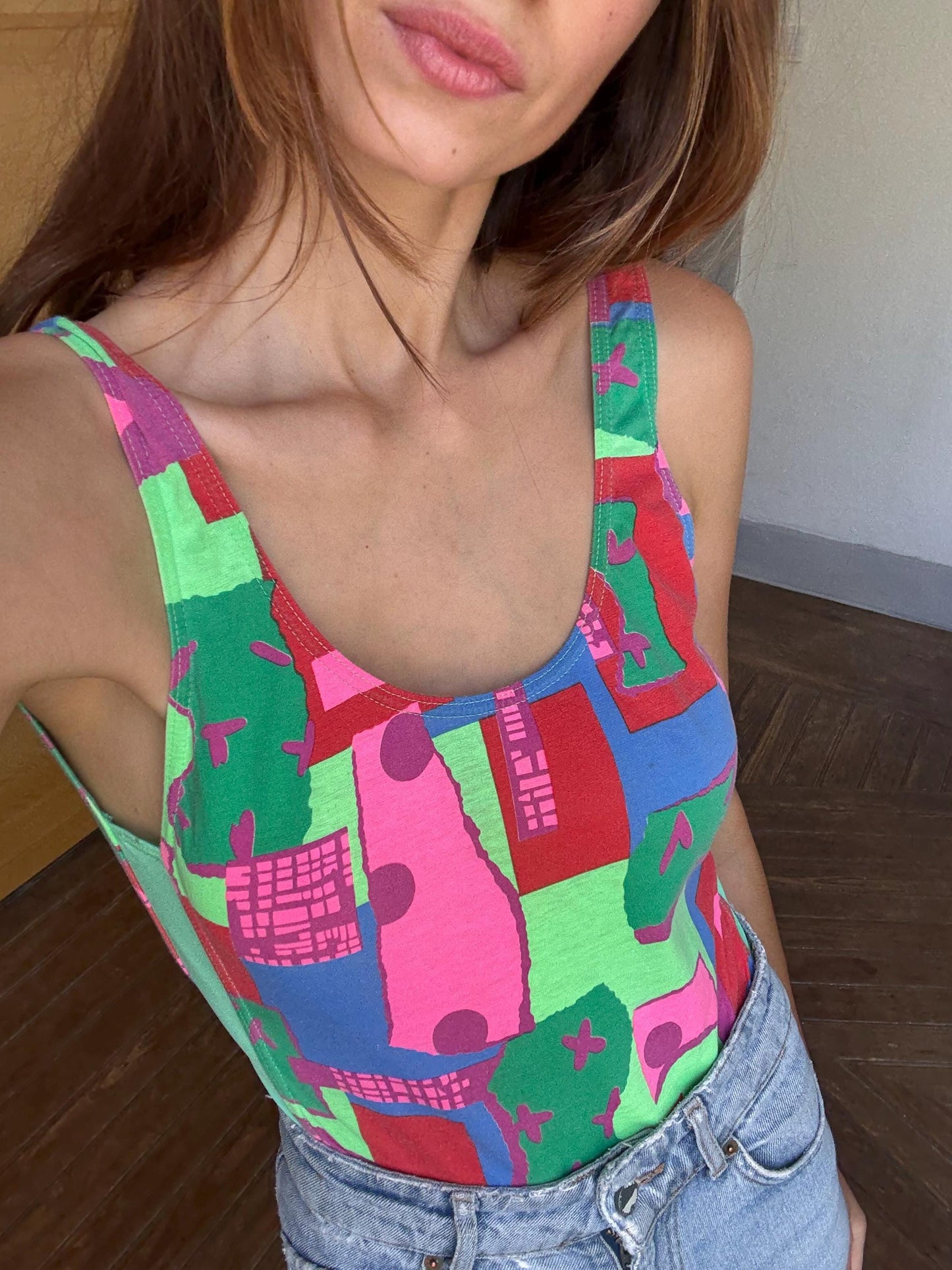 Vintage colorful bodysuit top | 80s/90s retro one piece | y2k high cut body | cotton | size xs | festival summer statement piece