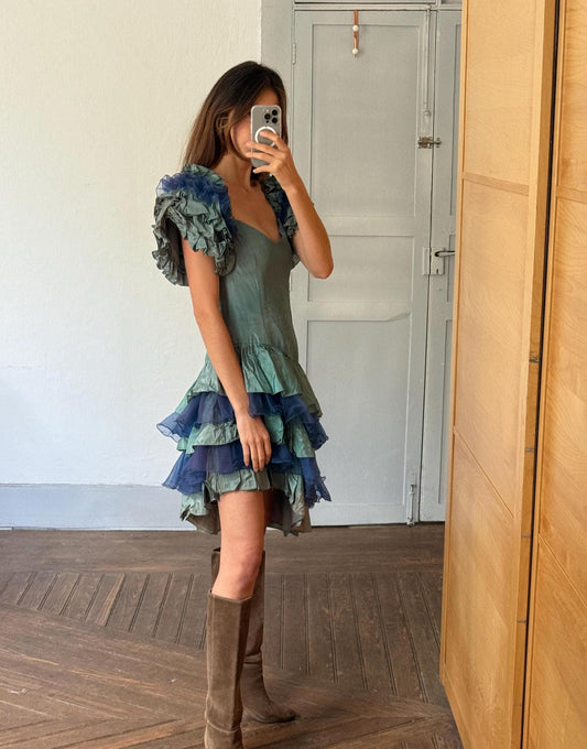 Vintage ann green dress handmade in england – ruffled sleeves – avant-garde party dress, traditional short flamenco dress, size s