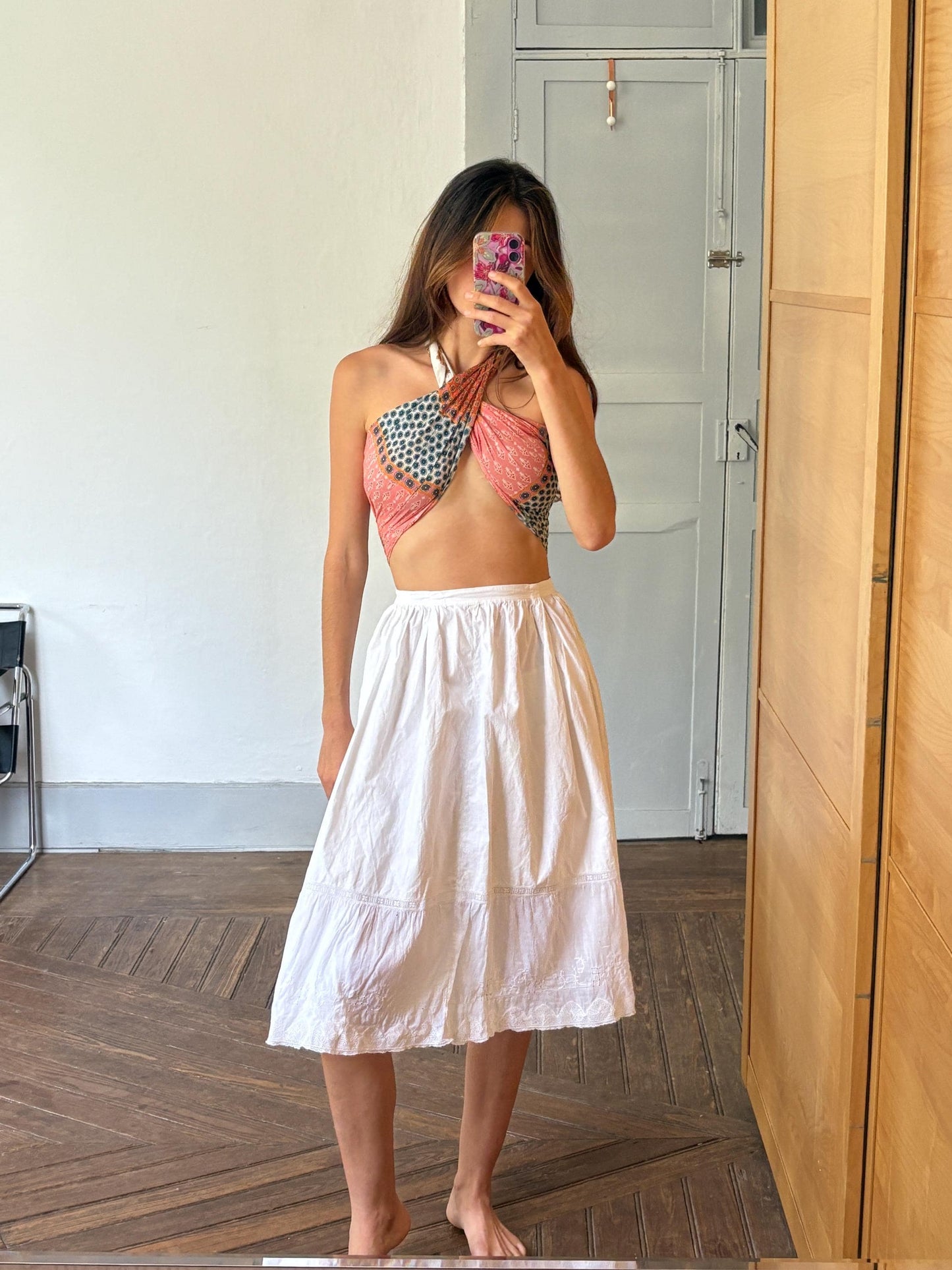 Antique spanish skirt, handmade cotton petticoat vintage white underskirt with embroidery, cottagecore romantic lace hem midi skirt