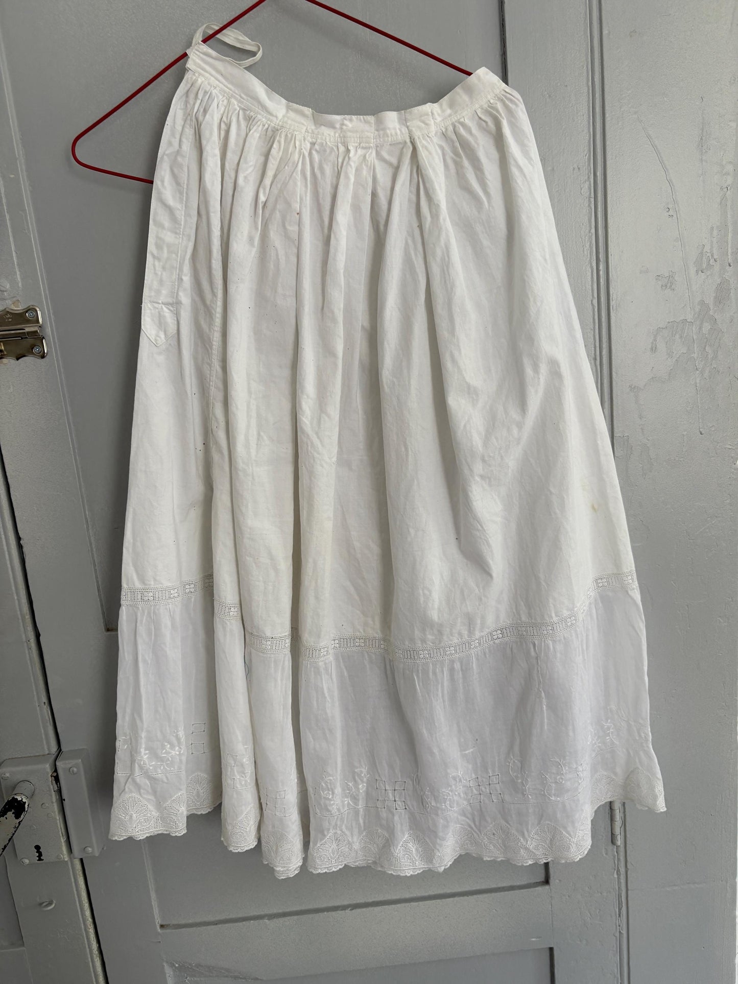 Antique spanish skirt, handmade cotton petticoat vintage white underskirt with embroidery, cottagecore romantic lace hem midi skirt